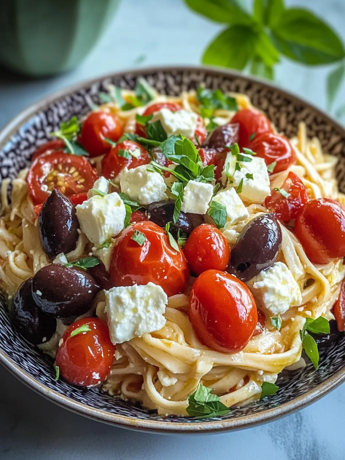 griechische Reisnudeln mit Tomaten, Feta und Oliven