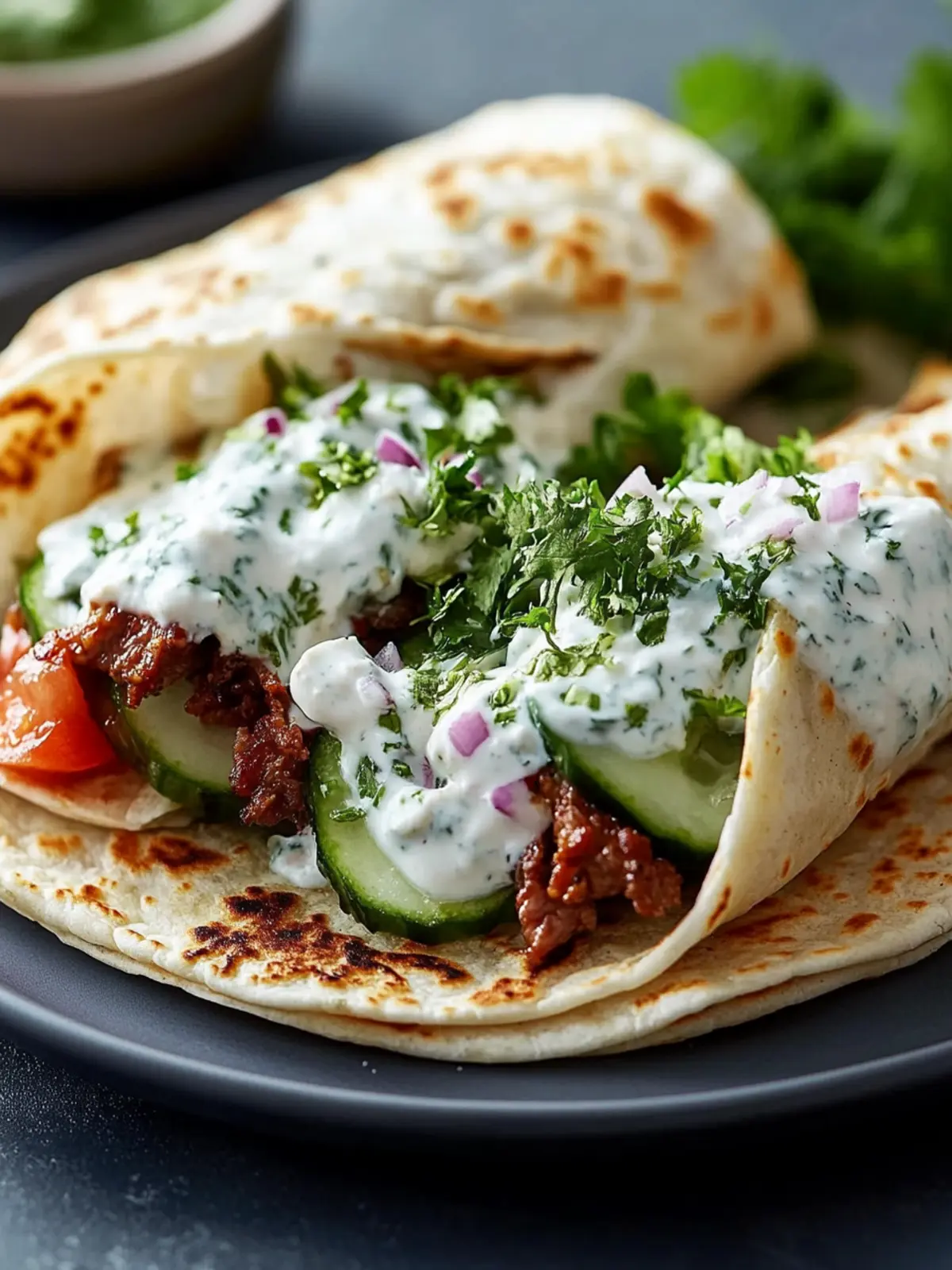 griechische Rindfleischwraps mit Knoblauch-Joghurtsoße