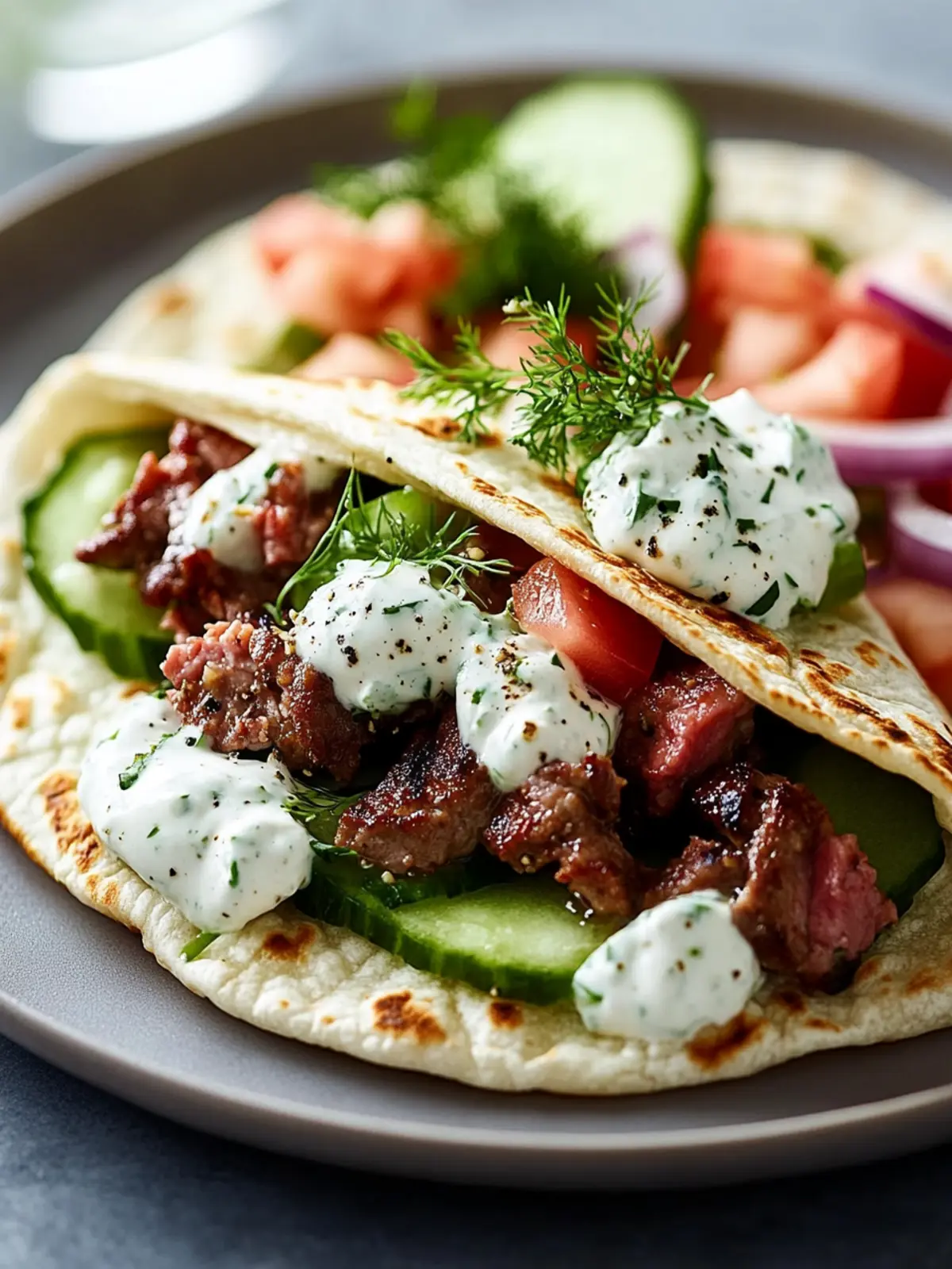 griechische Rindfleischwraps mit Knoblauch-Joghurtsoße