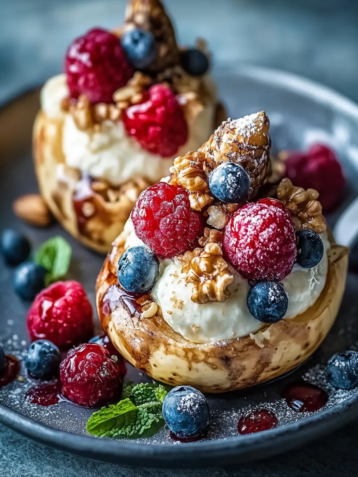 Gebackene Birnen mit Beeren, Honig, Walnüssen und Blauschimmelkäse