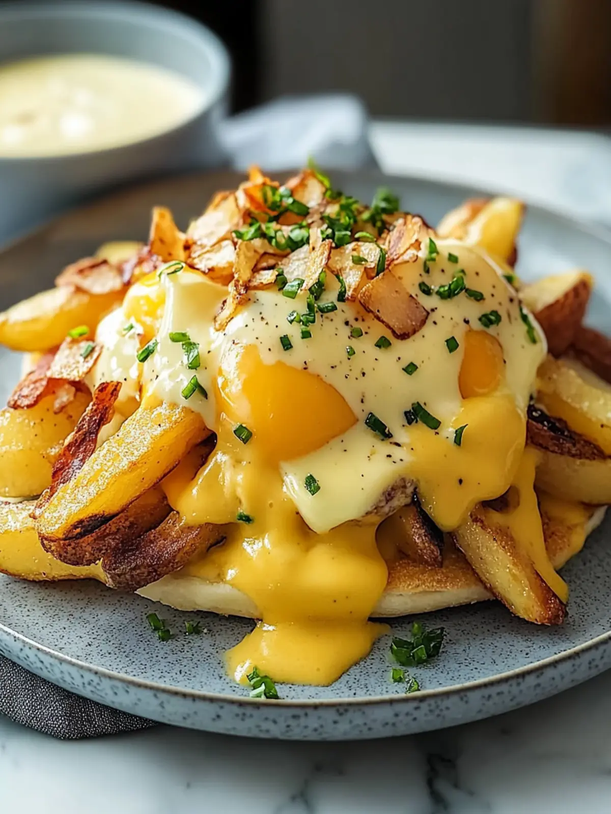 Frühstücks-Poutine mit cremiger Hollandaise-Sauce