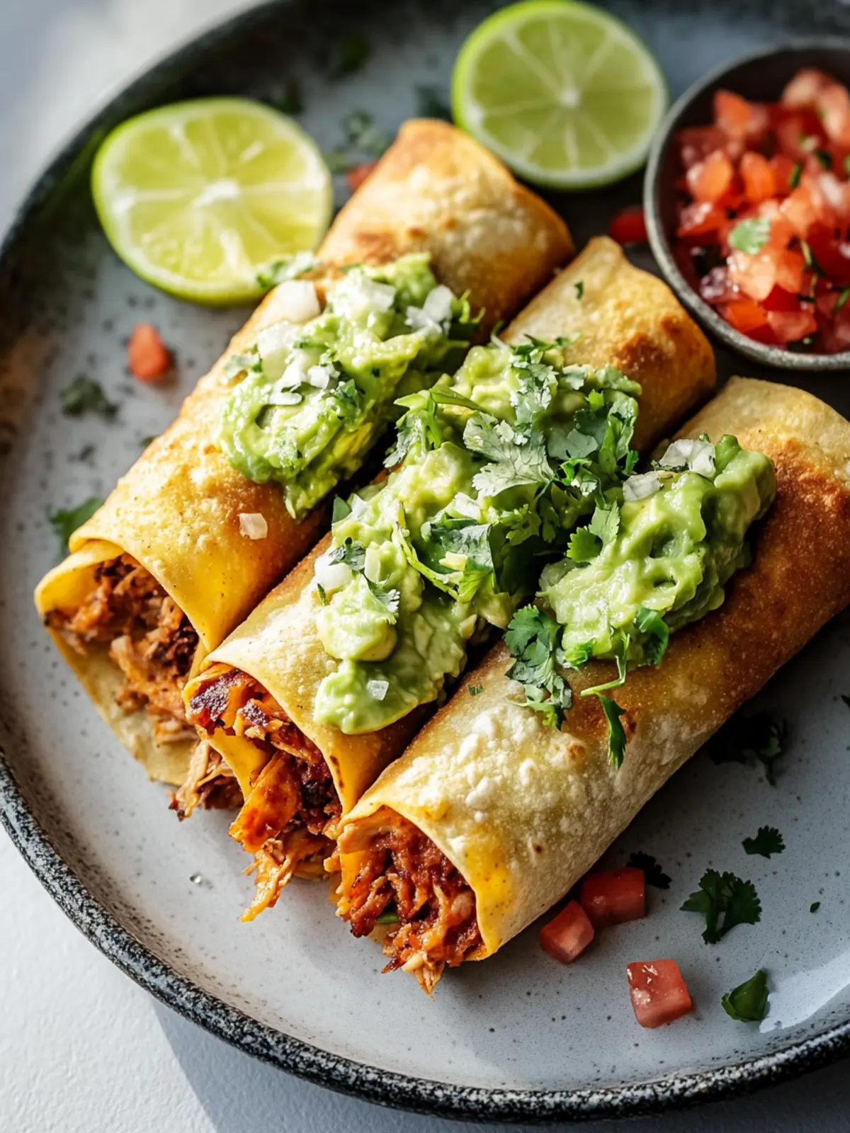 Leckere zerrissene Rindfleisch-Flautas mit cremiger Avocadosauce