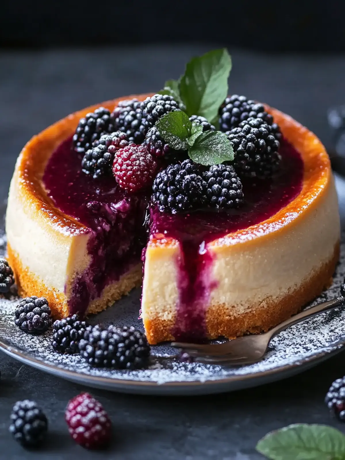 London Fog Basque Käsekuchen mit Brombeer-Sauce