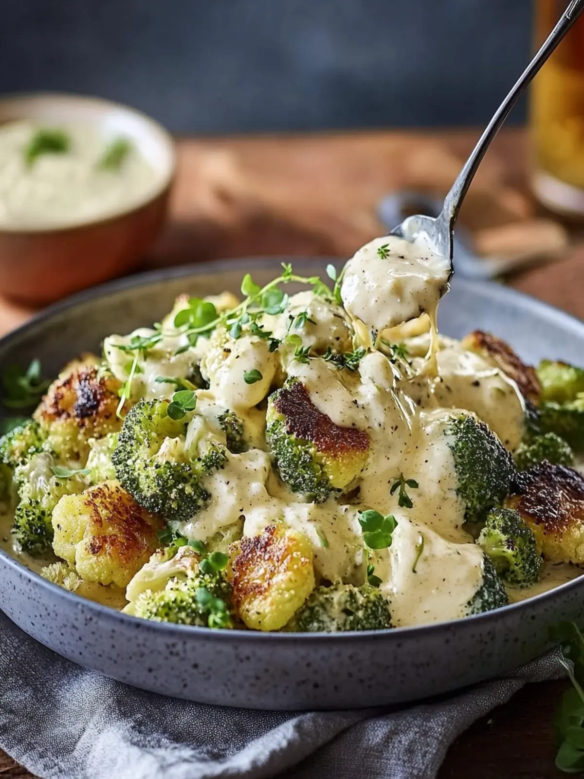 Krosse geröstete Rosenkohl mit cremiger Käsesauce