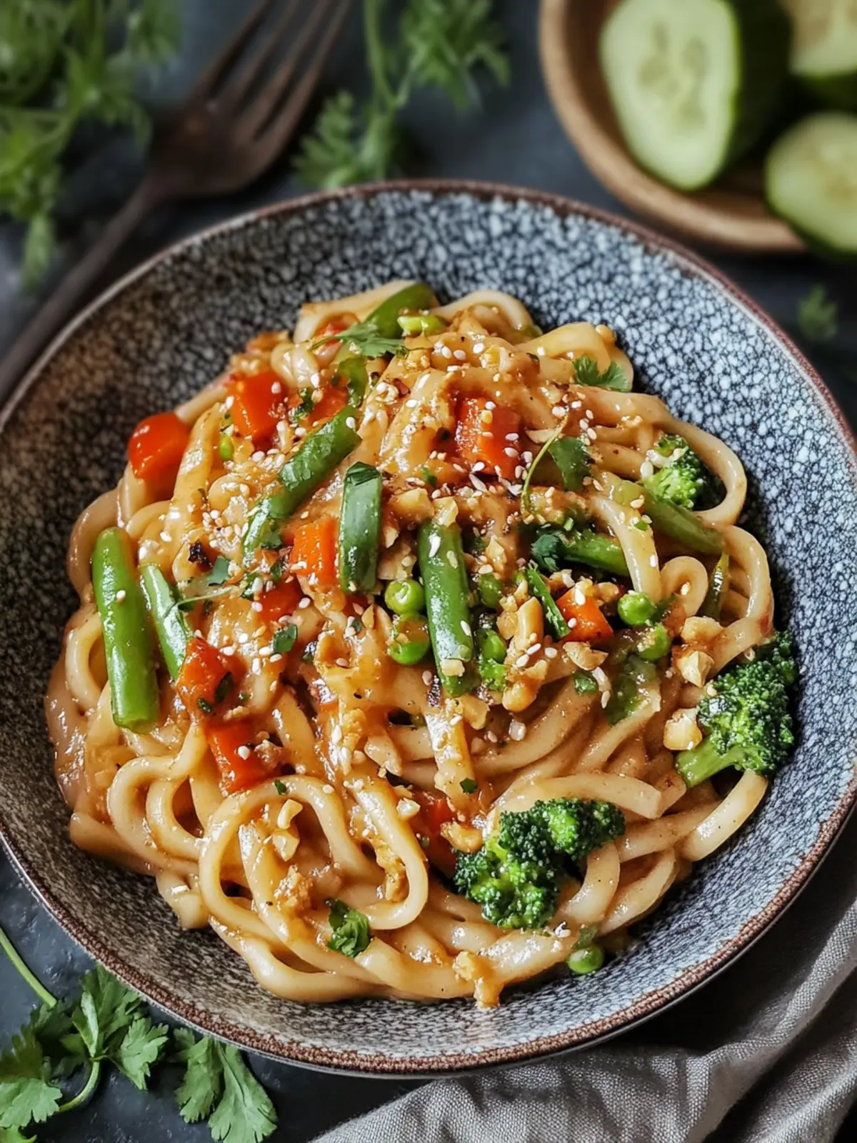 Udon-Nudeln mit Erdnusssauce und Gemüse