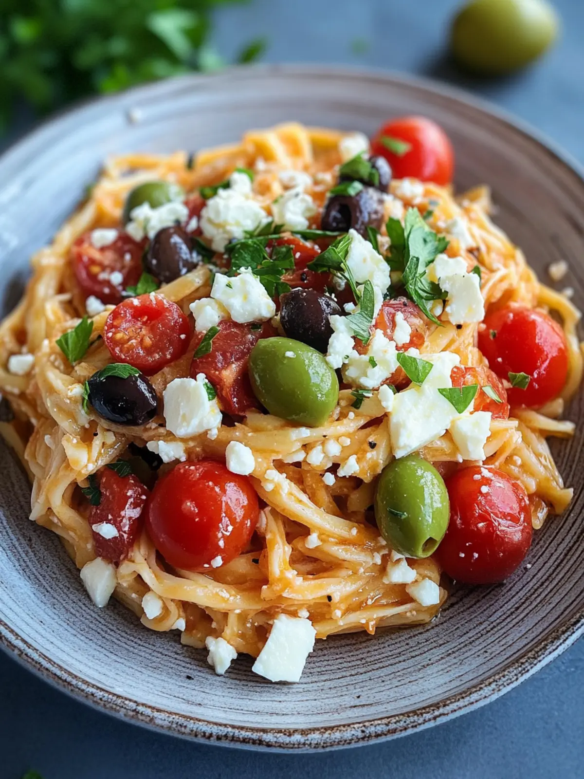 griechische Reisnudeln mit Tomaten, Feta und Oliven