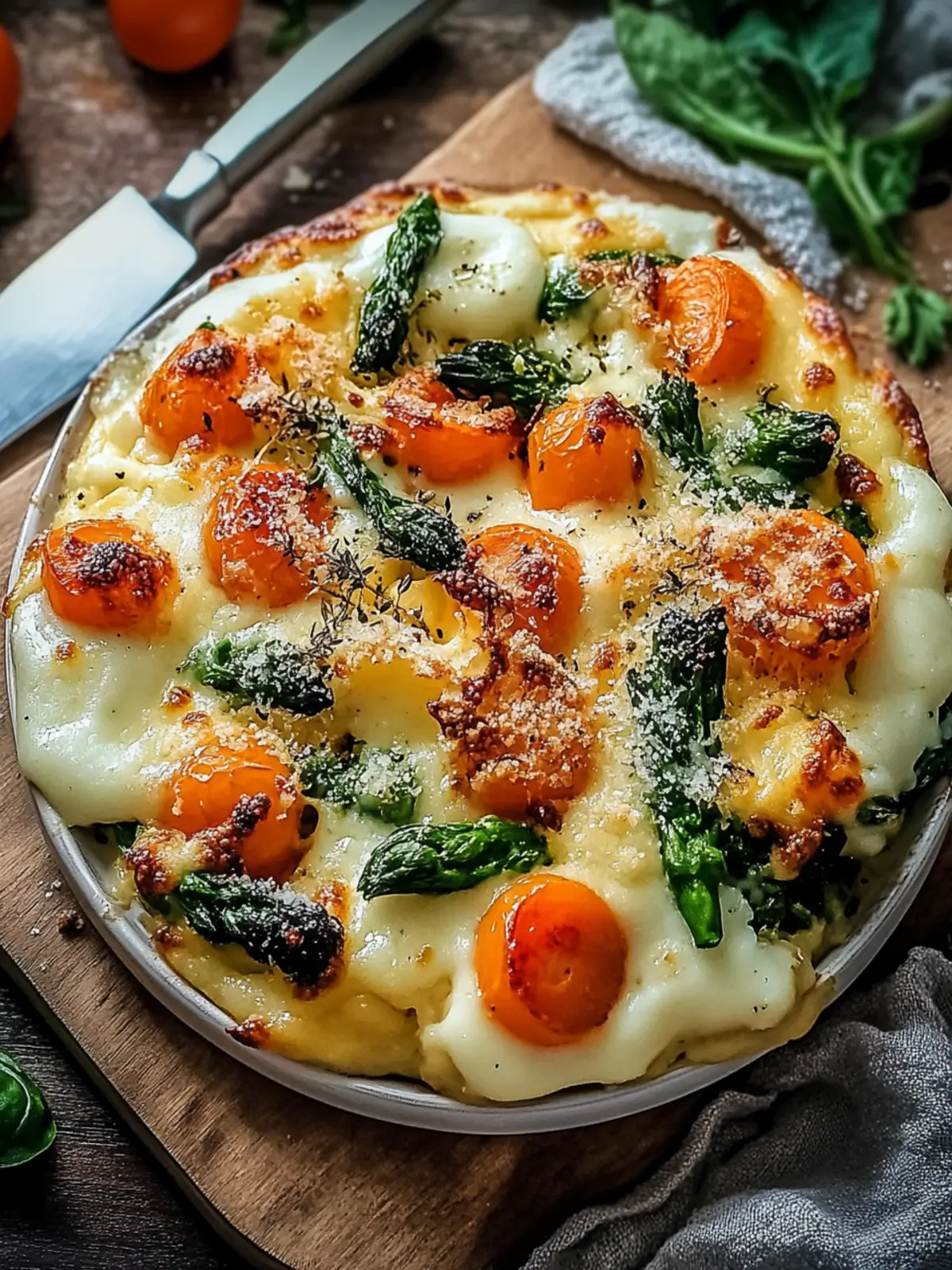 Herzhafter gebackener käsiger Gemüseeintopf