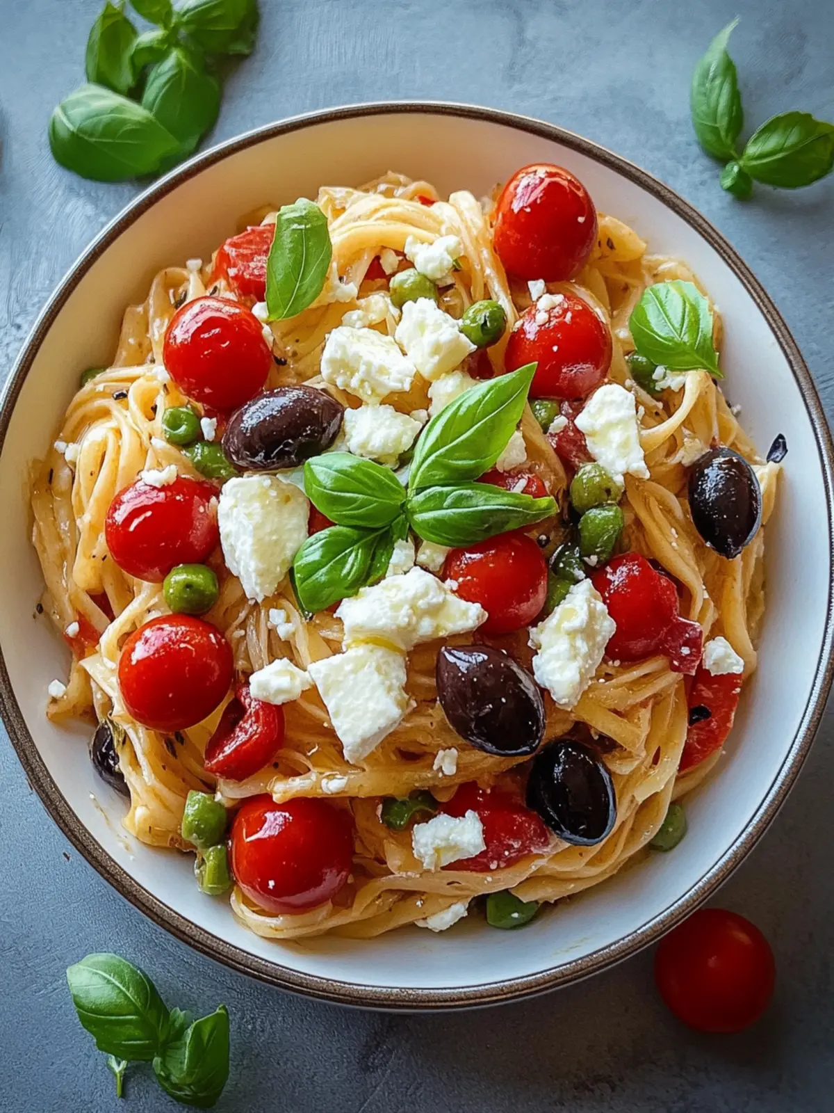 griechische Reisnudeln mit Tomaten, Feta und Oliven
