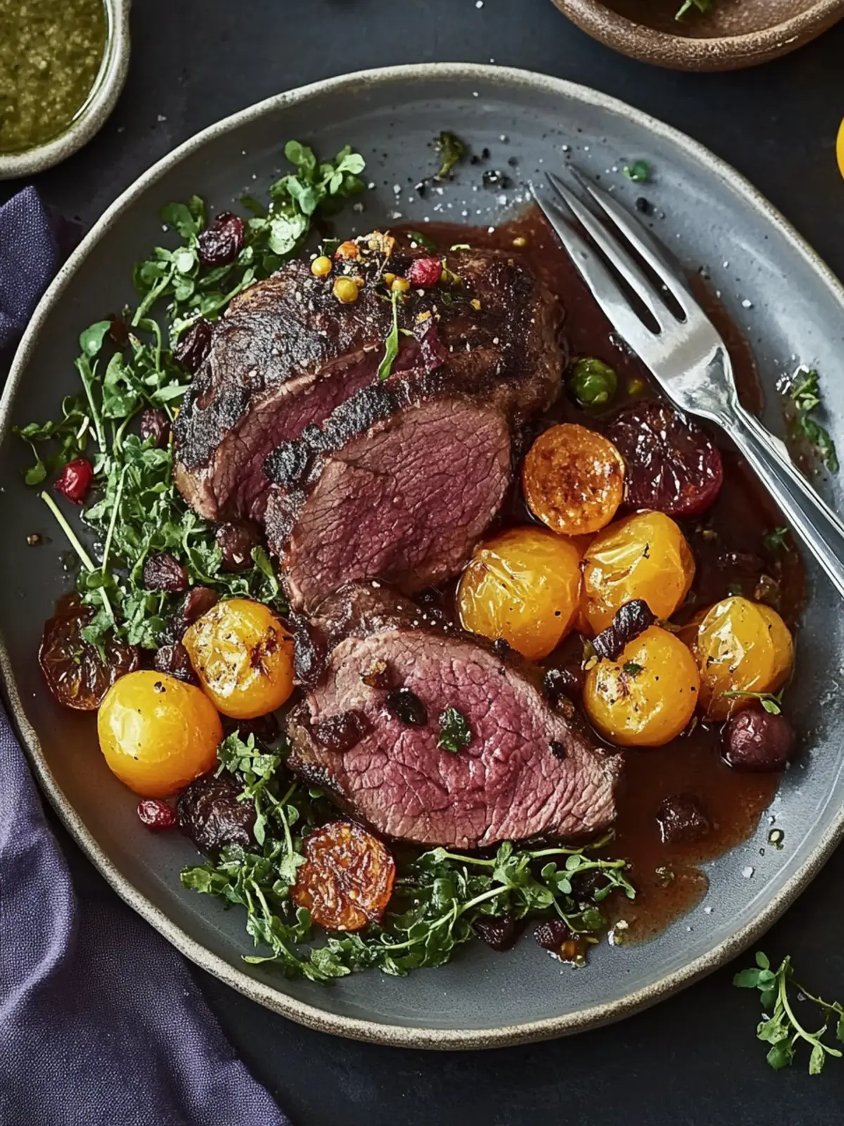 Sauerbraten mit getrockneten Früchten und Tra Salat
