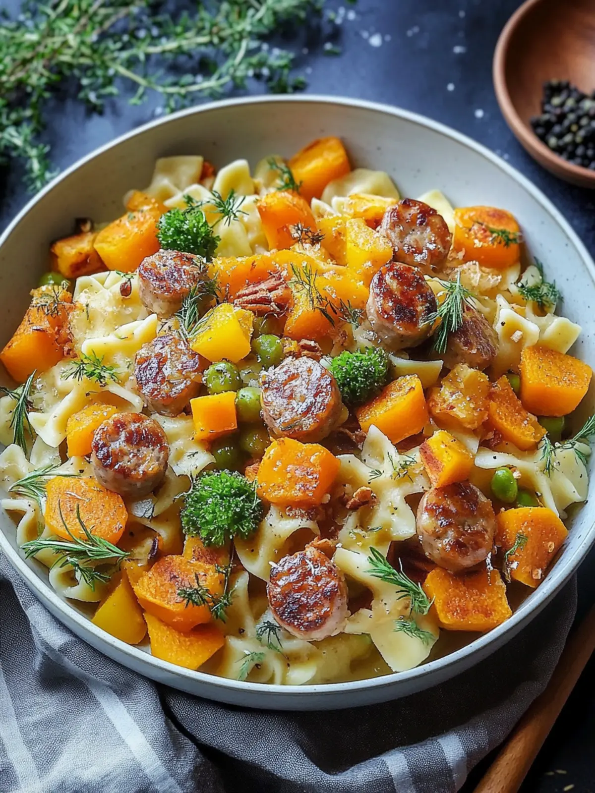 Herbstabendessen mit Wurstnudeln, Rosenkohl und Butternut-Kürbis