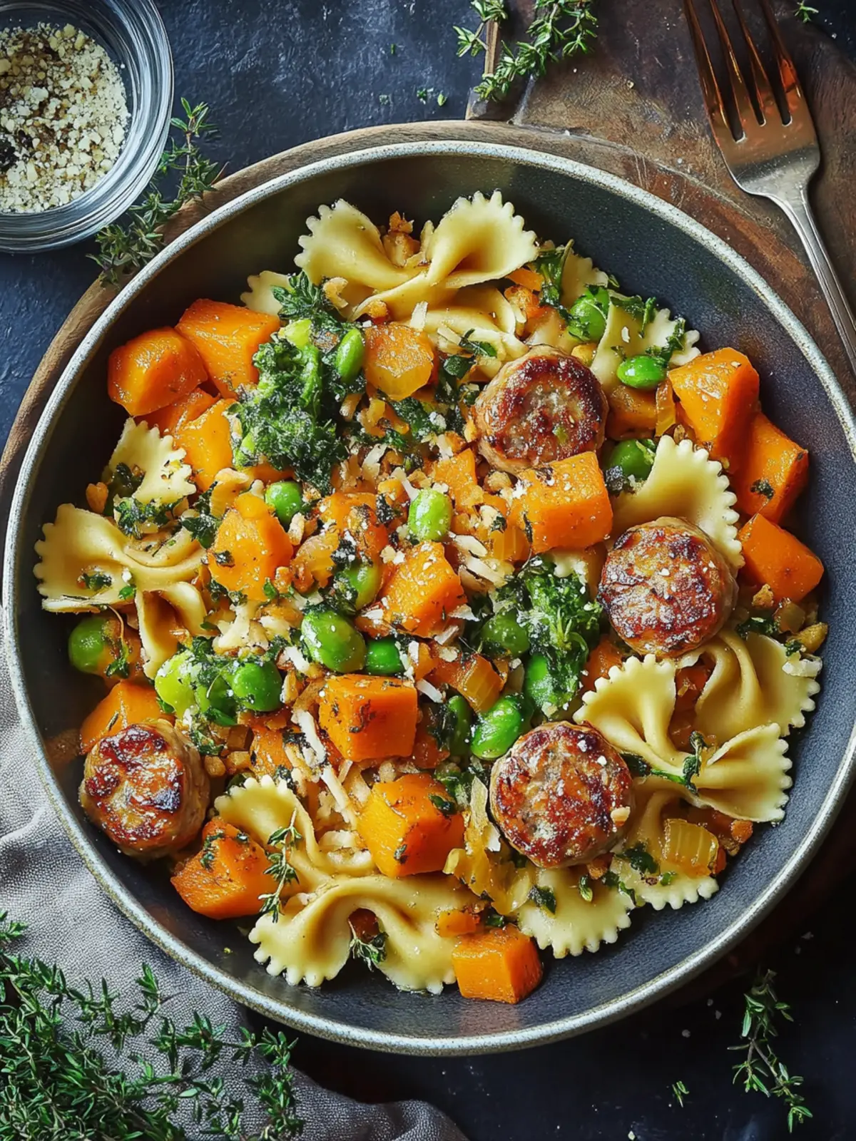 Herbstabendessen mit Wurstnudeln, Rosenkohl und Butternut-Kürbis