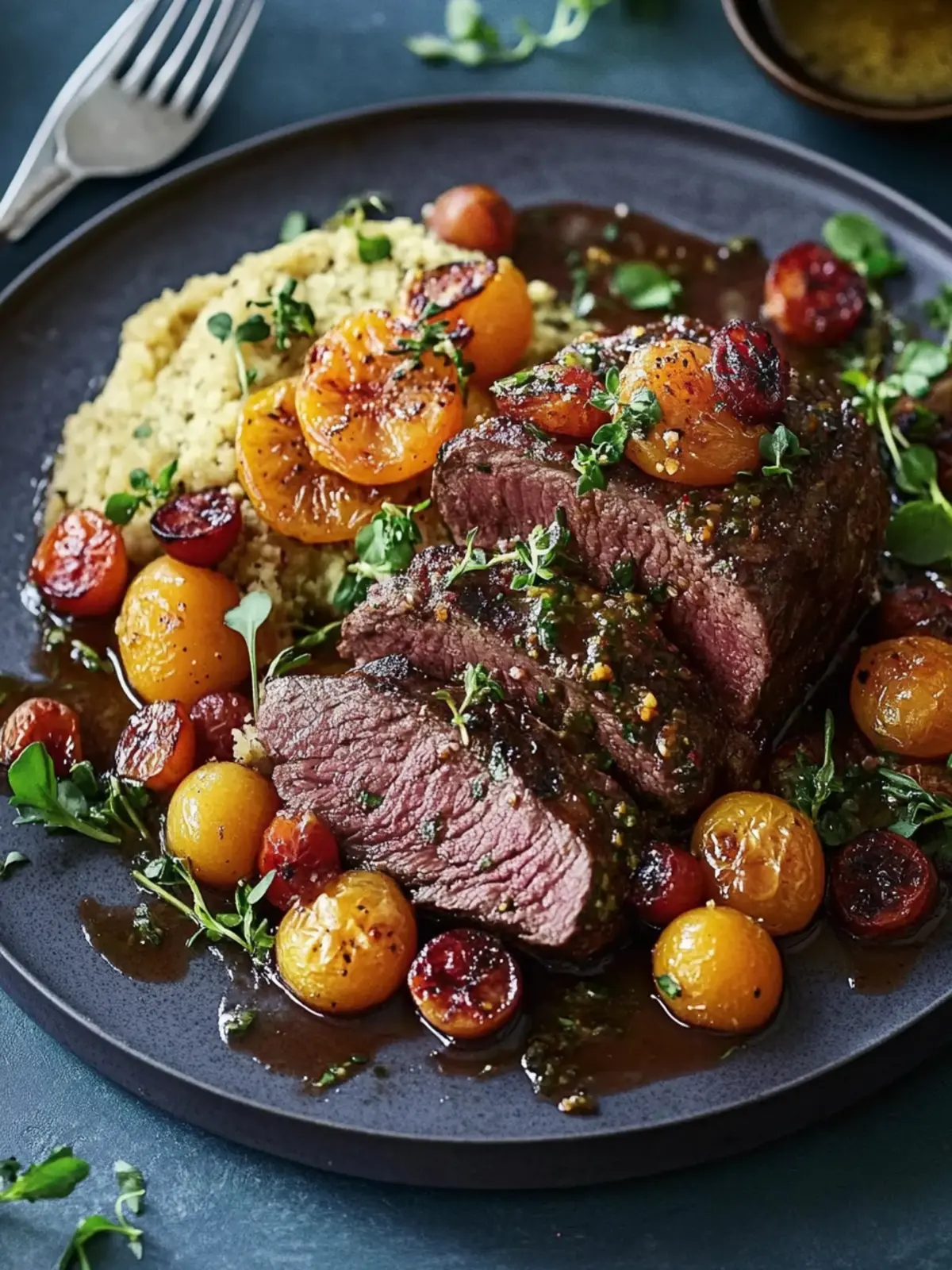 Sauerbraten mit getrockneten Früchten und Tra Salat
