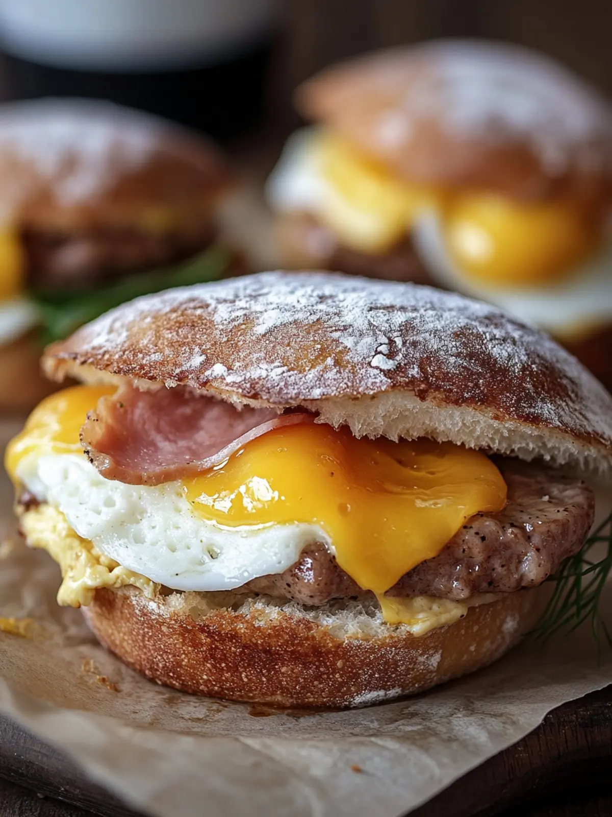 Wurst, Ei und Käse Frühstücks-Sandwich