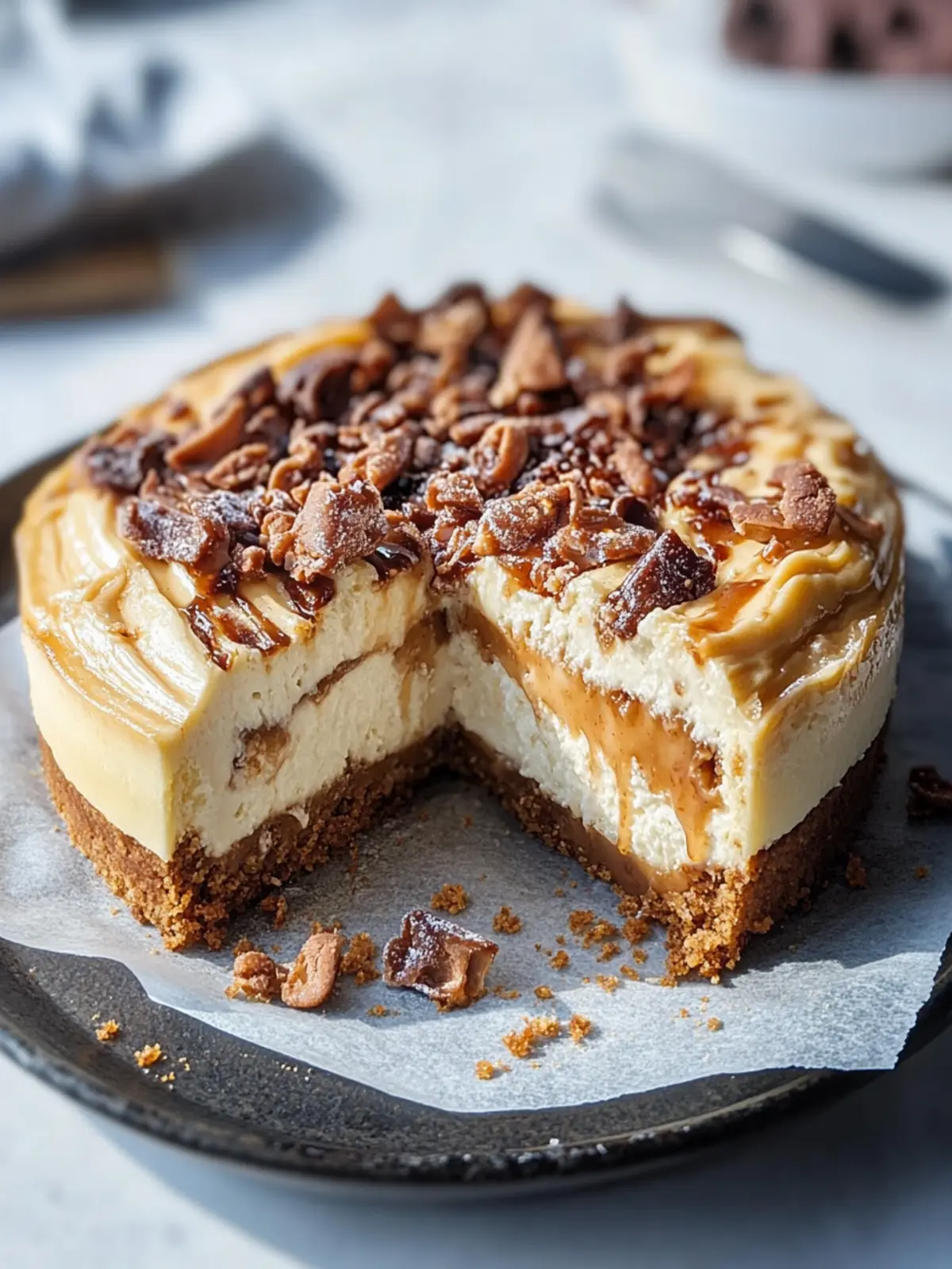 Keksteig-Käsekuchen mit gesalzenem Karamellwirbel