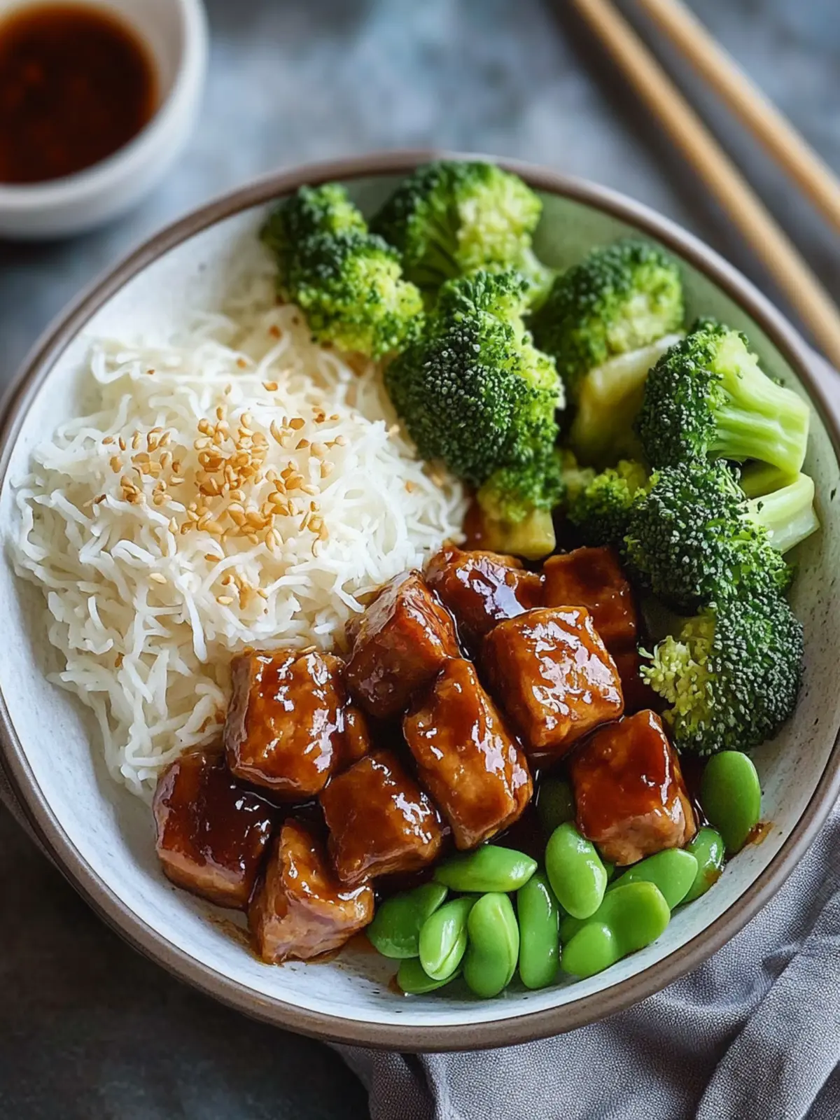 Teriyaki-Hähnchen mit gedämpftem Reis, Brokkoli und Gurke