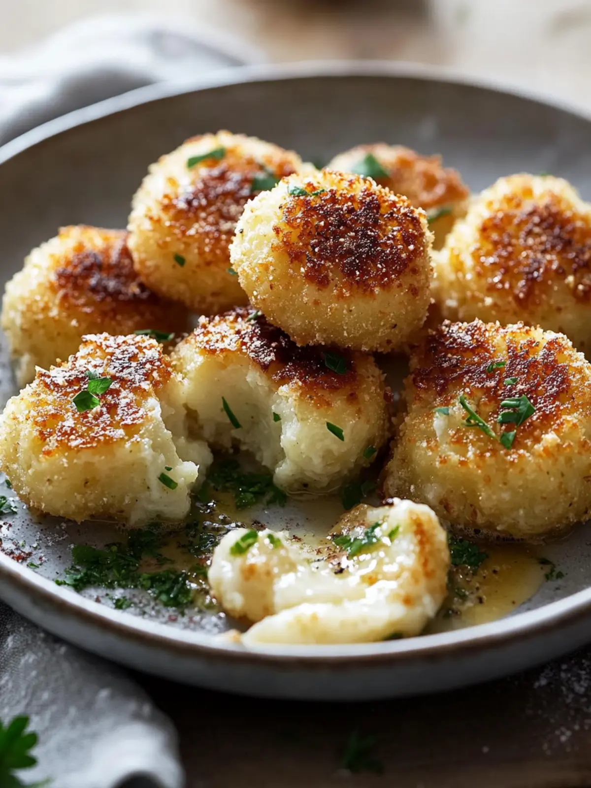 Knusprige, in der Pfanne gebratene Kartoffelknödel mit Knoblauchbutter