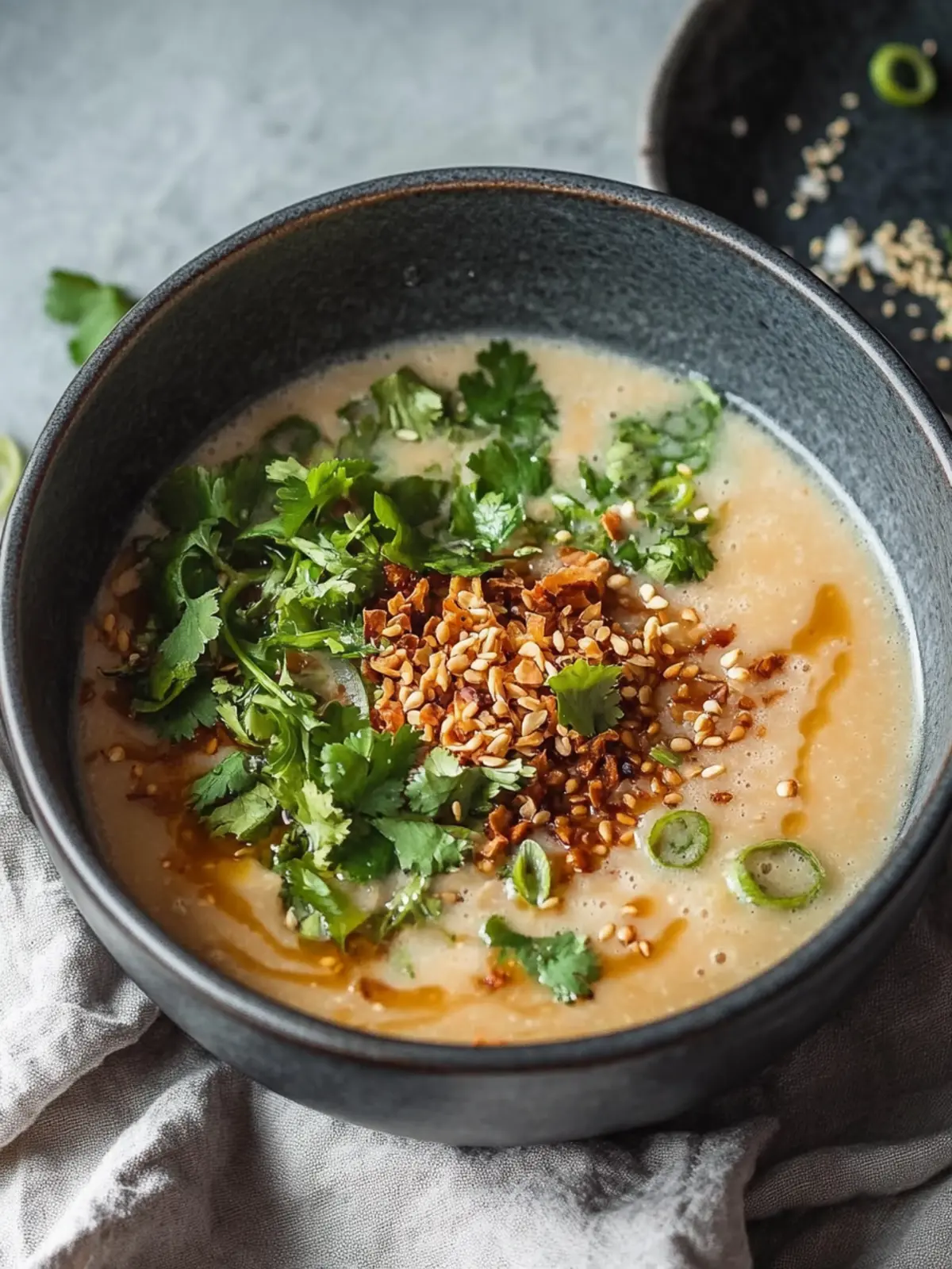 Ingwer Miso Brühe Suppe mit knusprigem, zerrissenem Sesamtofu