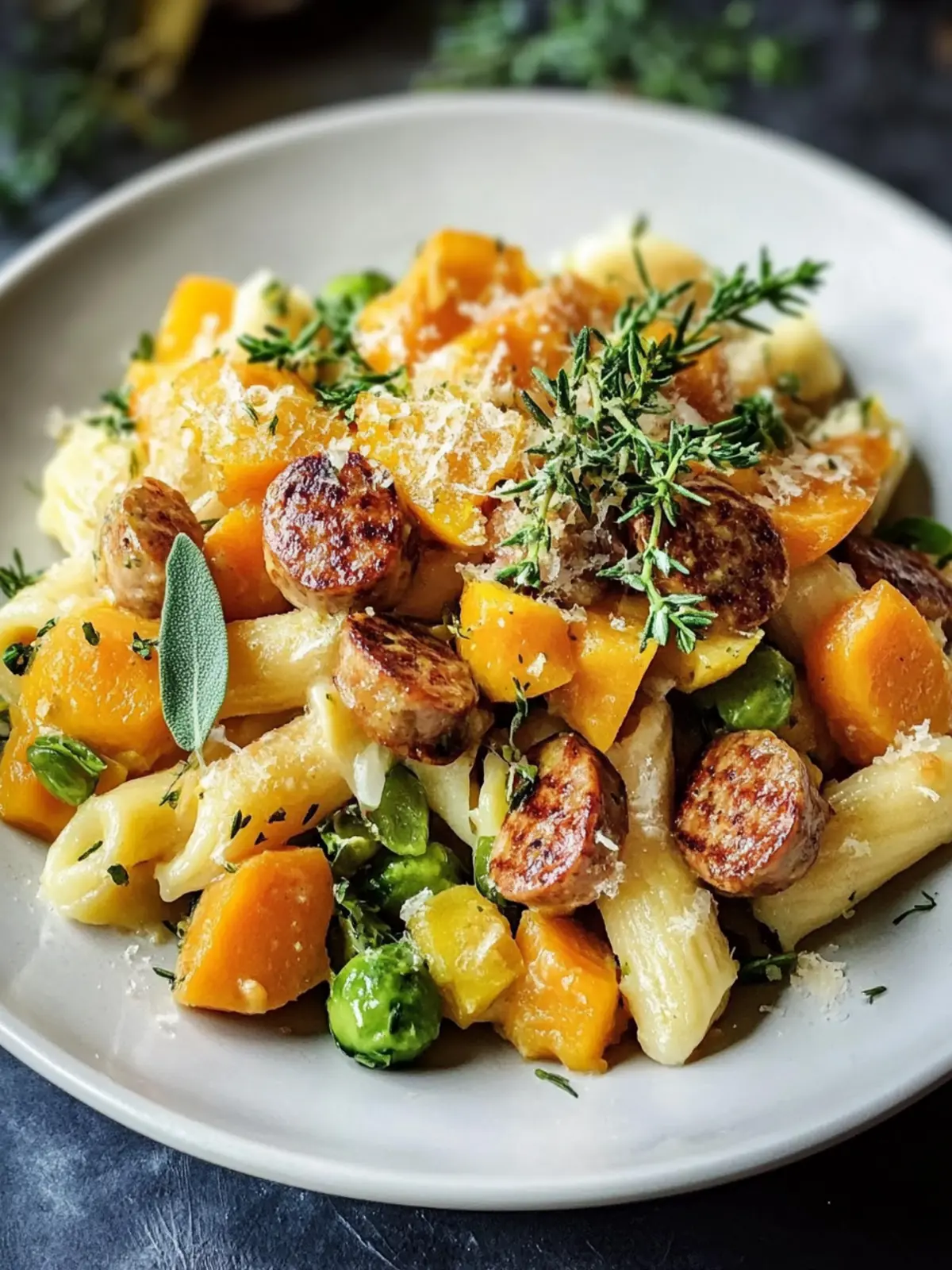 Wurstpasta mit Rosenkohl und Butternusskürbis