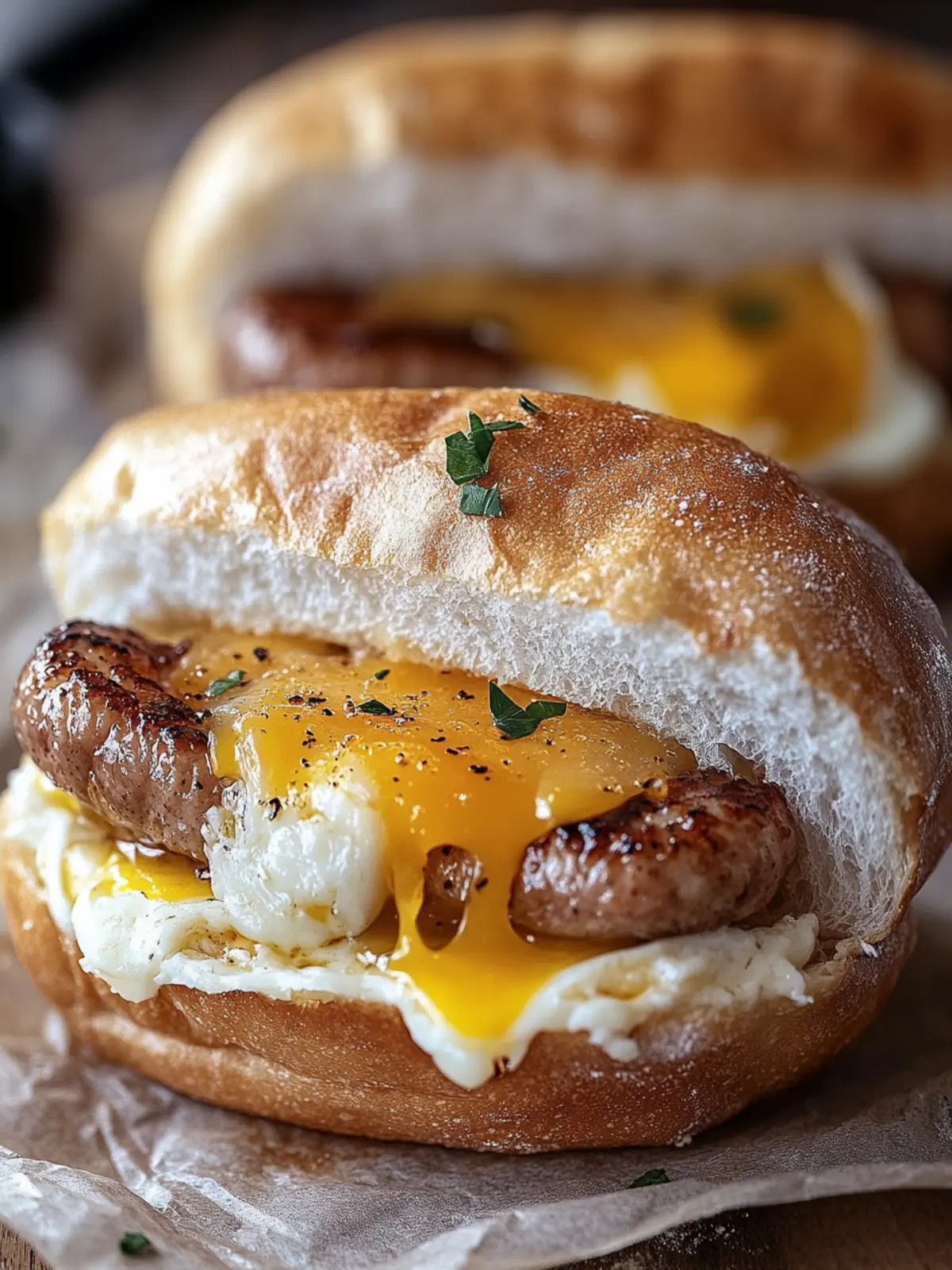 Wurst, Ei und Käse Frühstücks-Sandwich