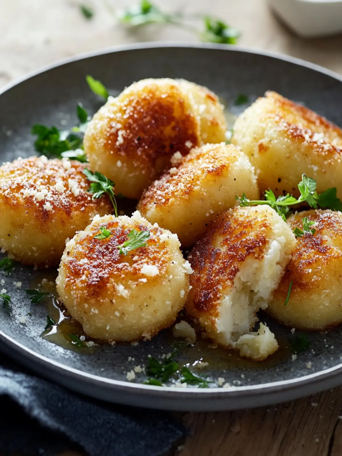 Knusprige, in der Pfanne gebratene Kartoffelknödel mit Knoblauchbutter