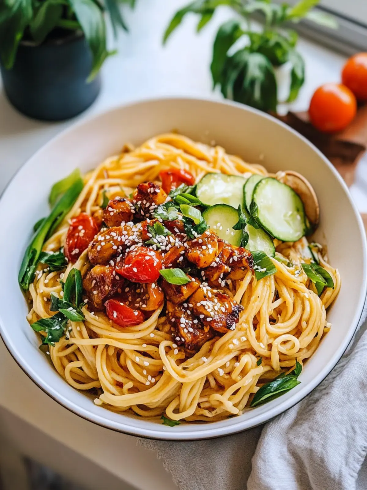 Genießen Sie eine klebrige Knoblauch-Hühnchen-Nudel-Schüssel mit frischem Gemüse
