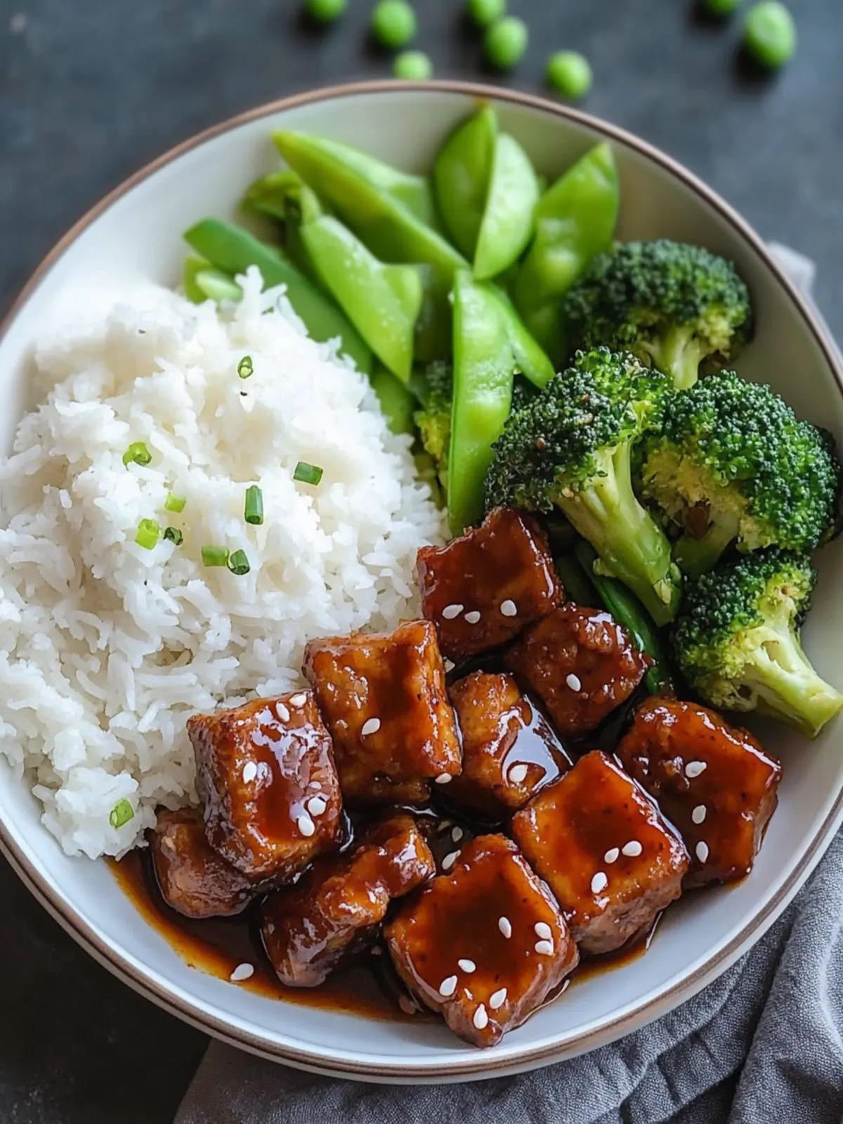 Teriyaki-Hähnchen mit gedämpftem Reis, Brokkoli und Gurke