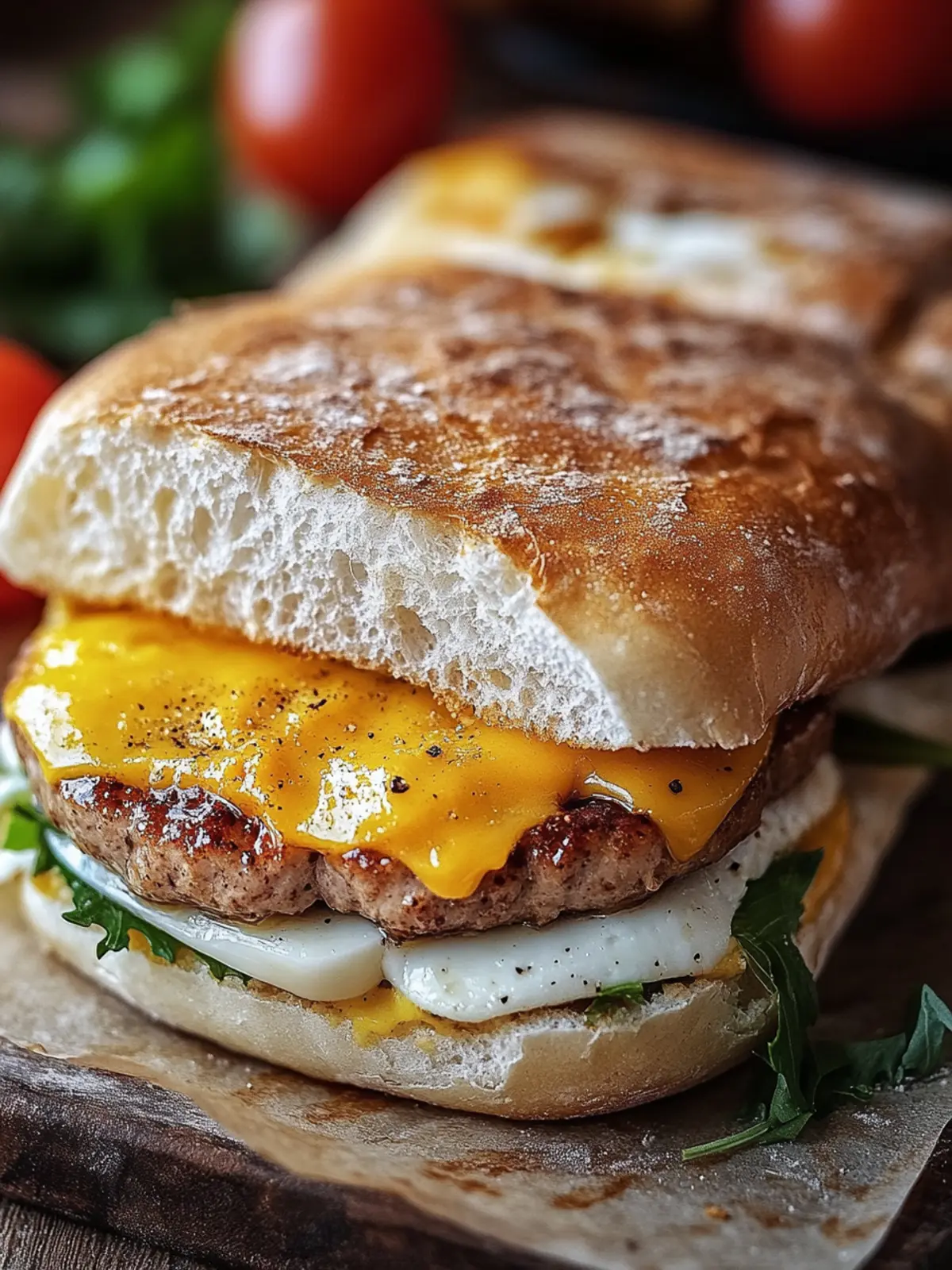 Wurst, Ei und Käse Frühstücks-Sandwich