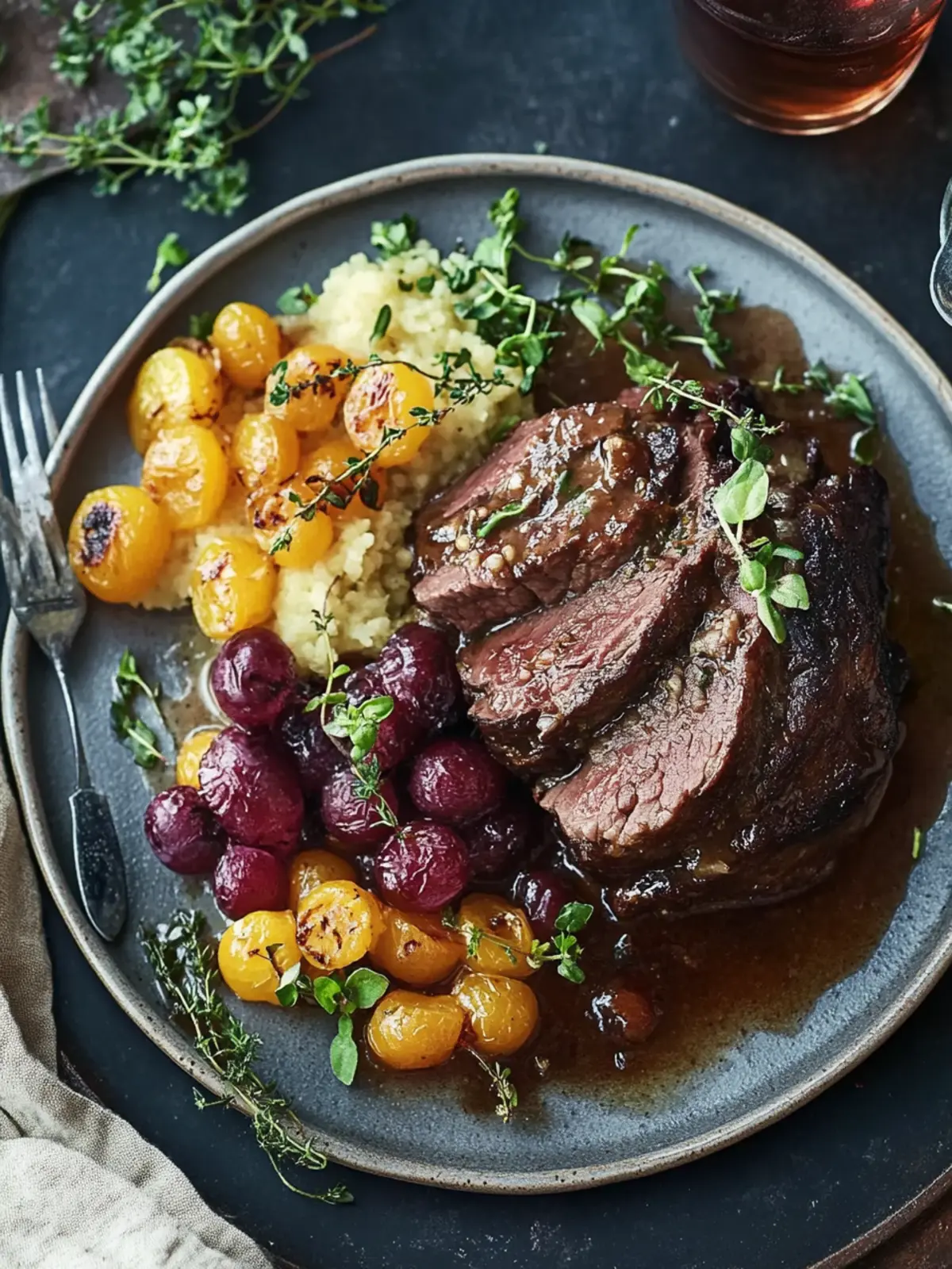 Sauerbraten mit getrockneten Früchten und Tra Salat