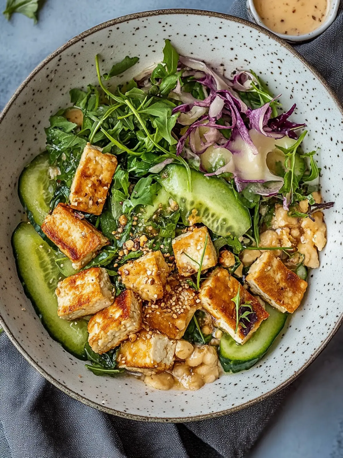Herzhafter Haferbrei mit in der Pfanne gebratenem Tofu