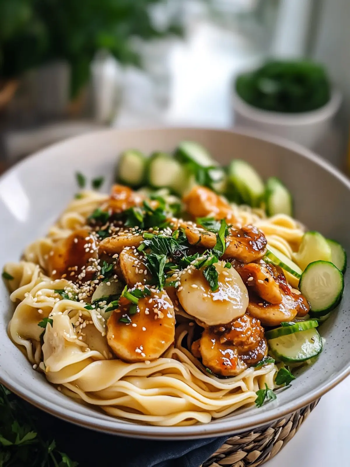 Genießen Sie eine klebrige Knoblauch-Hühnchen-Nudel-Schüssel mit frischem Gemüse