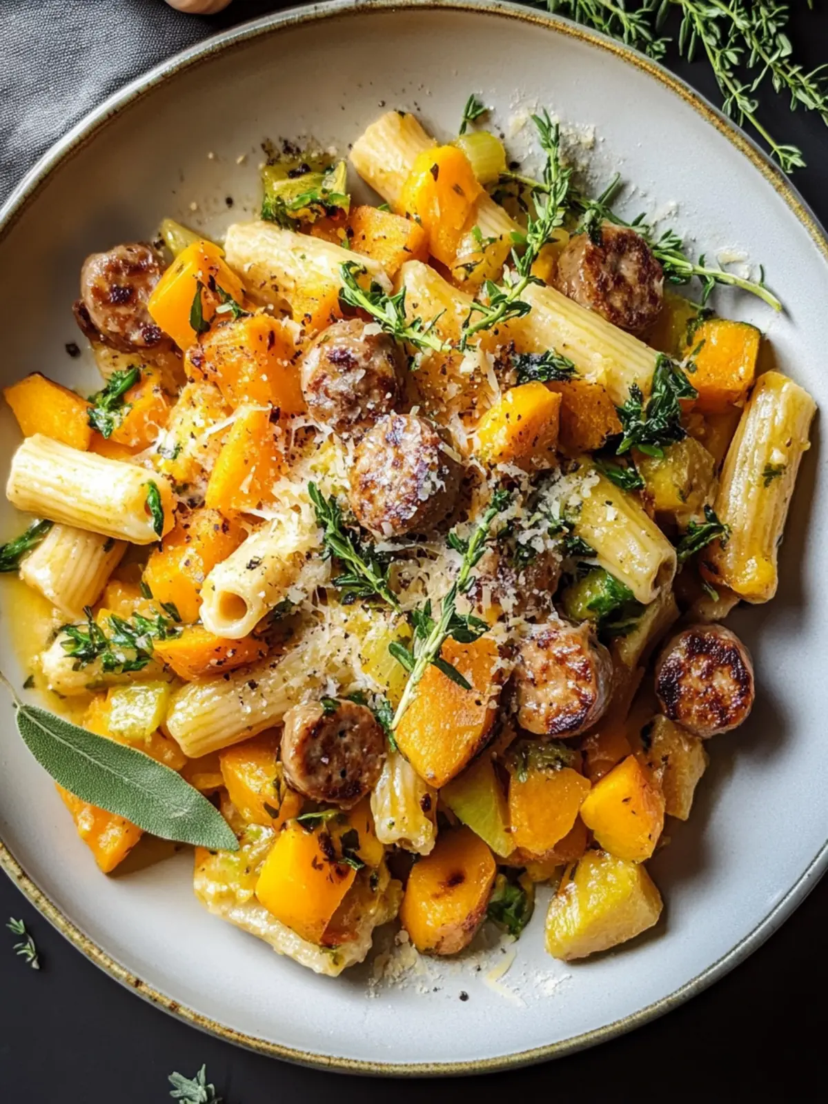 Wurstpasta mit Rosenkohl und Butternusskürbis