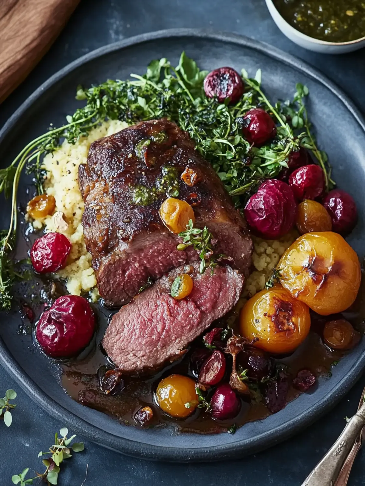 Sauerbraten mit getrockneten Früchten und Tra Salat