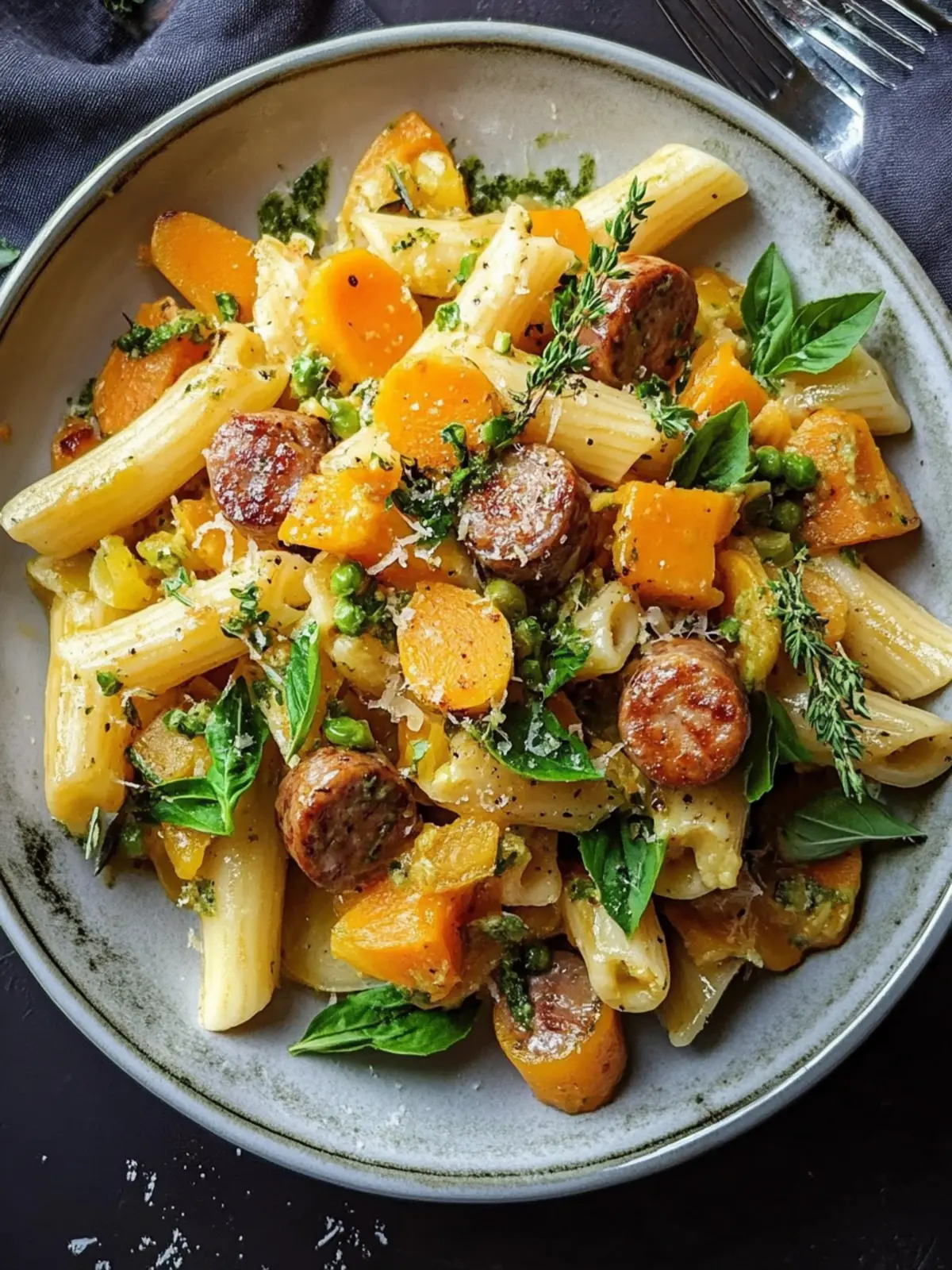 Wurstpasta mit Rosenkohl und Butternusskürbis