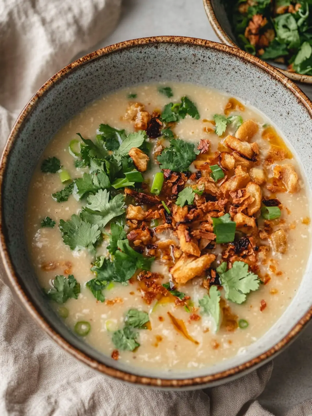Ingwer Miso Brühe Suppe mit knusprigem, zerrissenem Sesamtofu