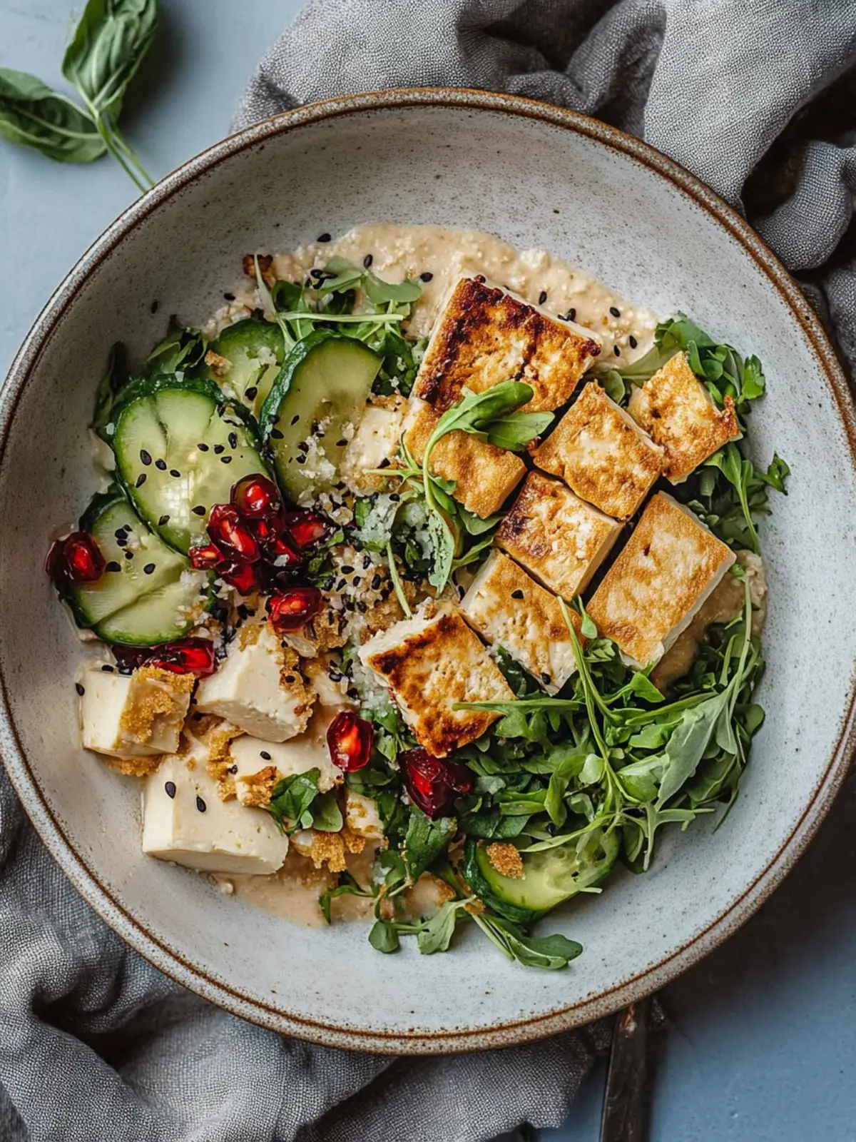 Herzhafter Haferbrei mit in der Pfanne gebratenem Tofu