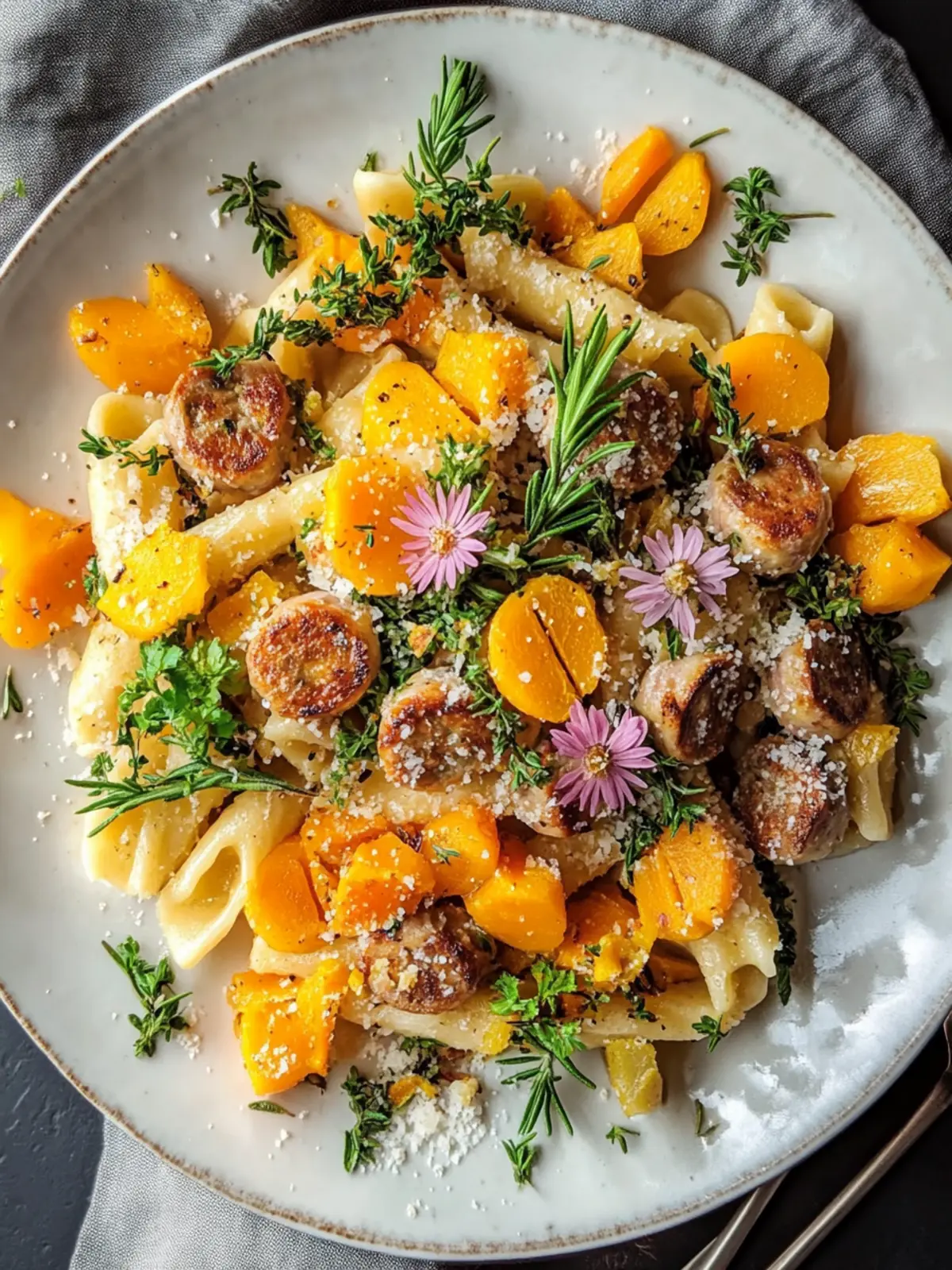 Wurstpasta mit Rosenkohl und Butternusskürbis