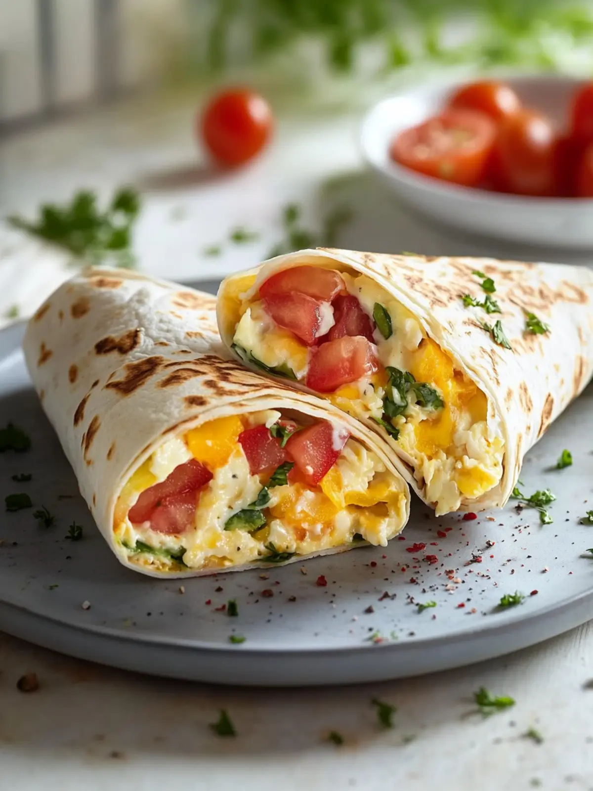 Frühstückswrap mit Ei, Käse und Tomaten