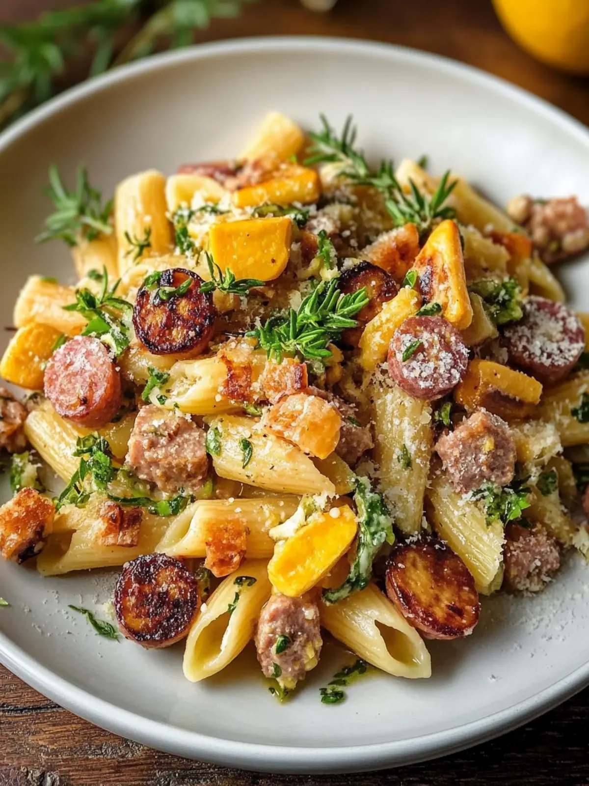 Wurst Pasta mit Rosenkohl und Butternusskürbis