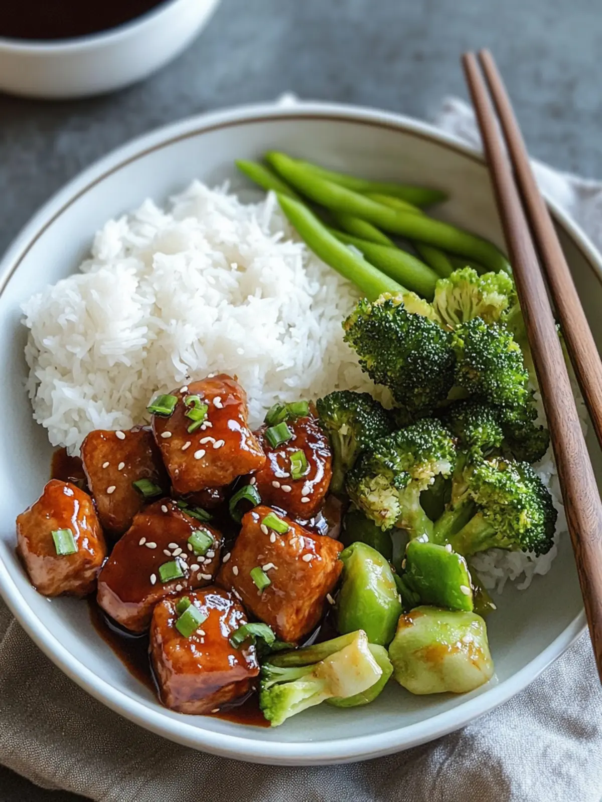 Teriyaki-Hähnchen mit gedämpftem Reis, Brokkoli und Gurke