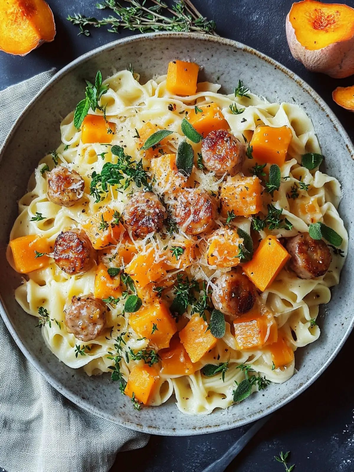 Herbstabendessen mit Wurstnudeln, Rosenkohl und Butternut-Kürbis