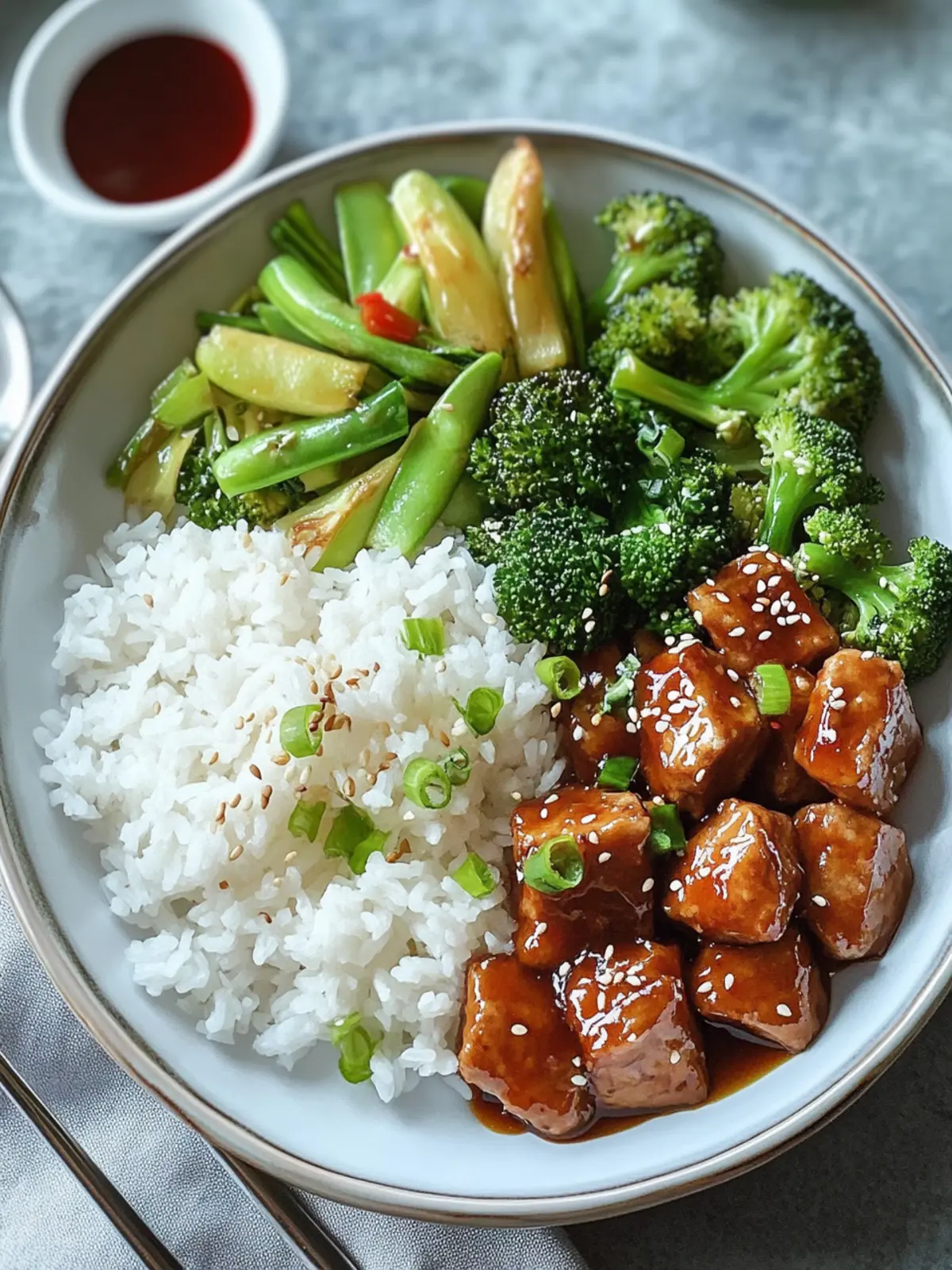 Teriyaki-Hähnchen mit gedämpftem Reis, Brokkoli und Gurke