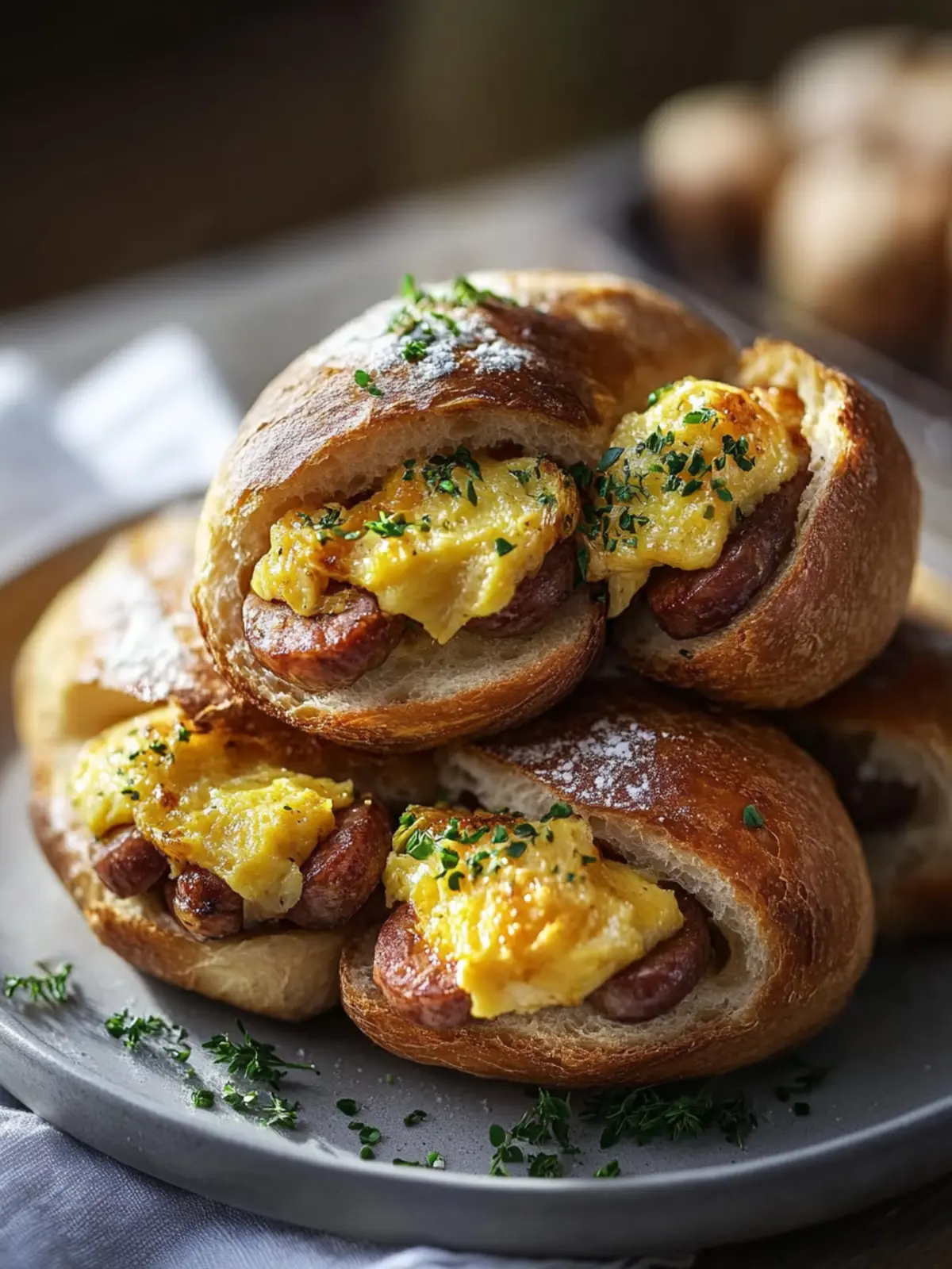 Knusprige Rindfleischwurst und Eierfrühstücksbrötchen