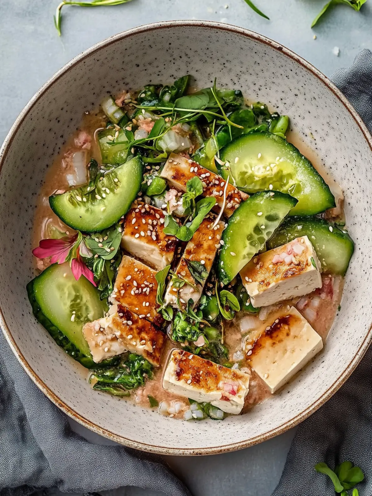 Herzhafter Haferbrei mit in der Pfanne gebratenem Tofu