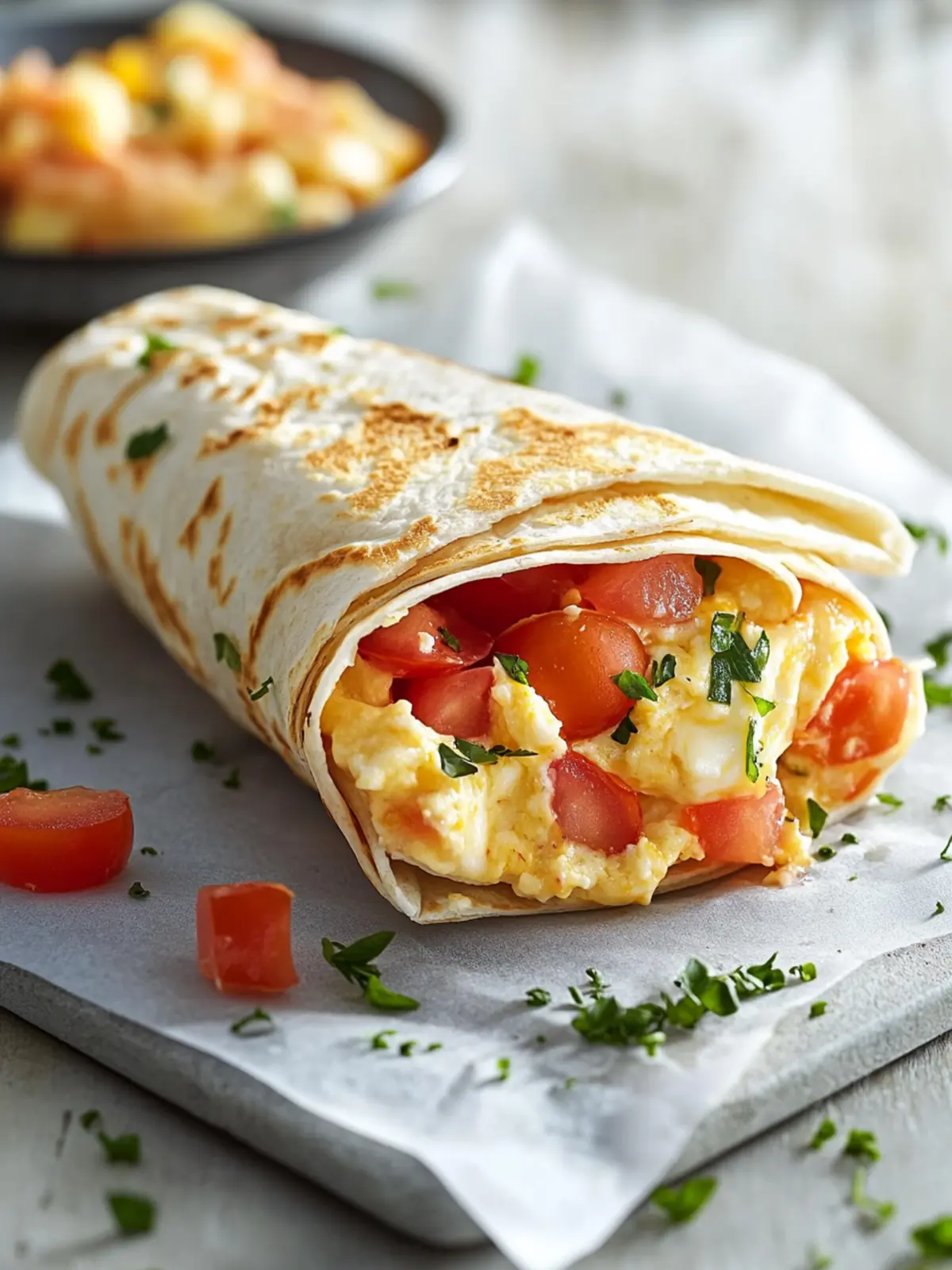 Frühstückswrap mit Ei, Käse und Tomaten