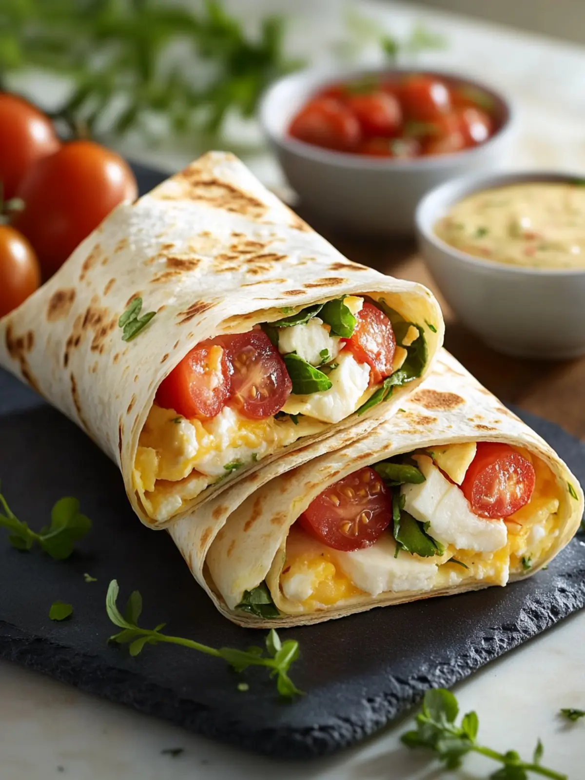 Frühstückswrap mit Ei, Käse und Tomaten