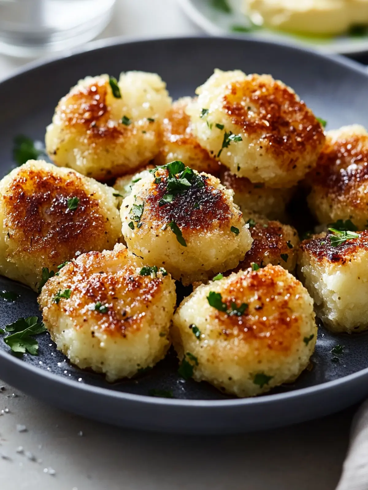 Knusprige, in der Pfanne gebratene Kartoffelknödel mit Knoblauchbutter