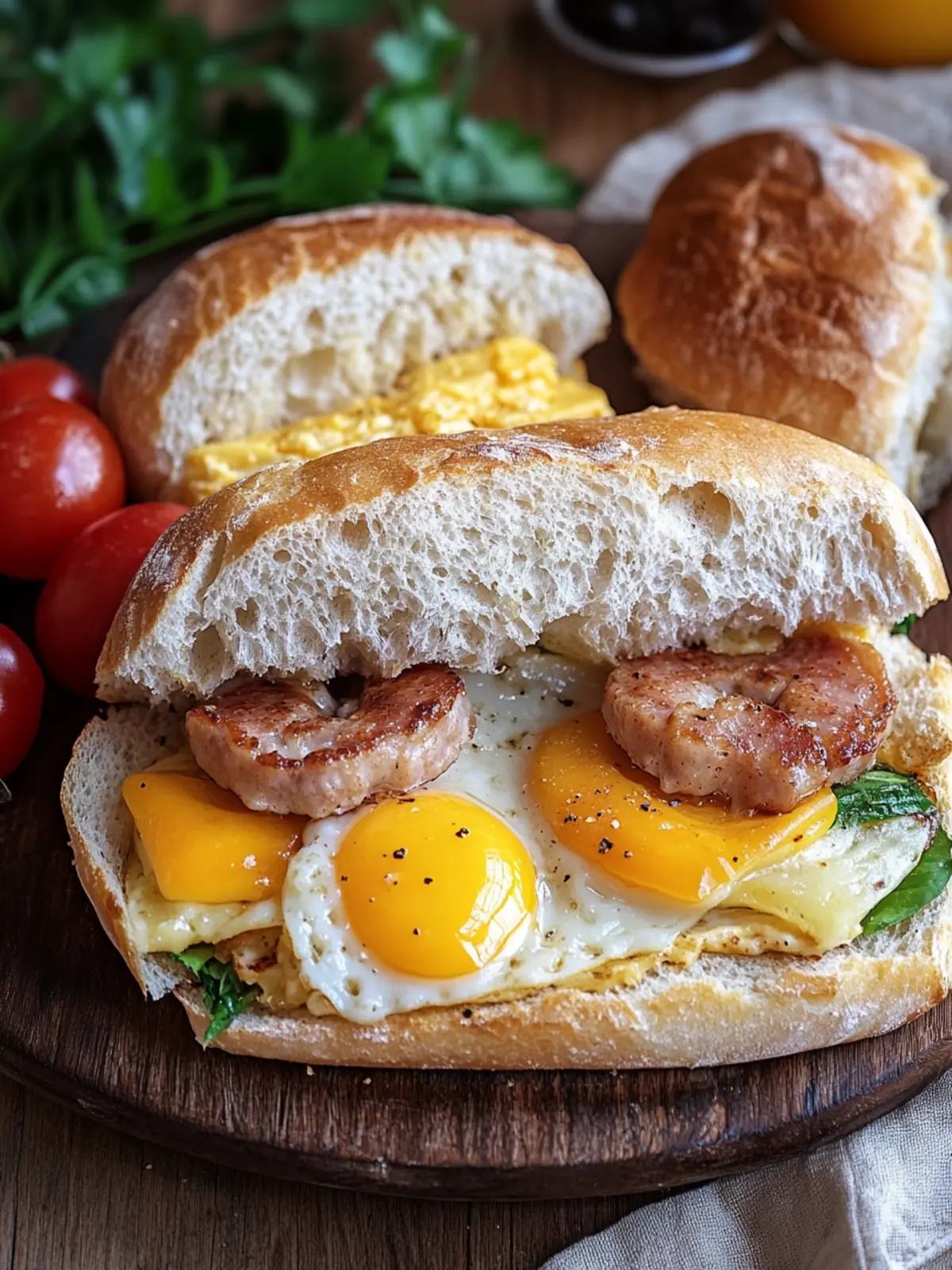 Wurst, Ei und Käse Frühstücks-Sandwich