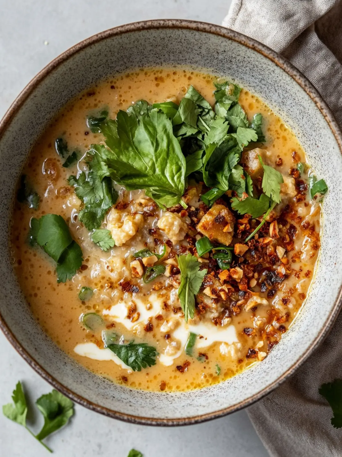 Ingwer Miso Brühe Suppe mit knusprigem, zerrissenem Sesamtofu