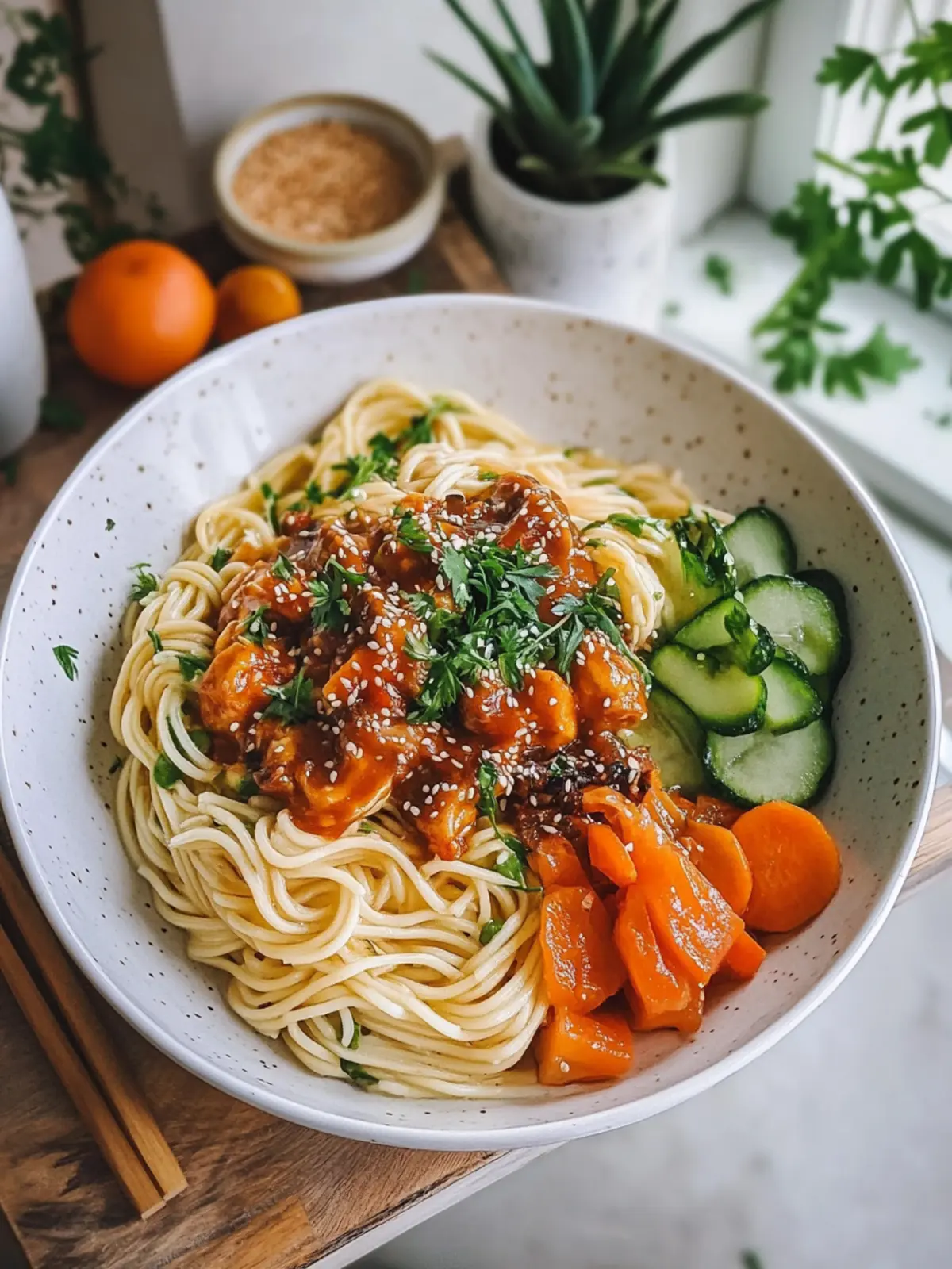 Genießen Sie eine klebrige Knoblauch-Hühnchen-Nudel-Schüssel mit frischem Gemüse