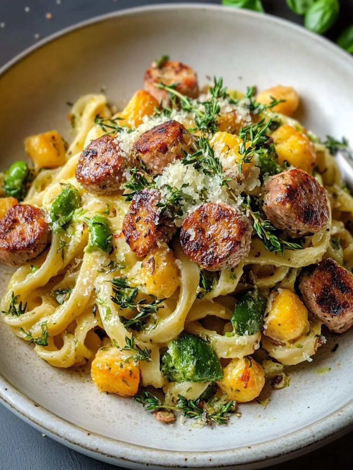 Wurst Pasta mit Rosenkohl und Butternusskürbis